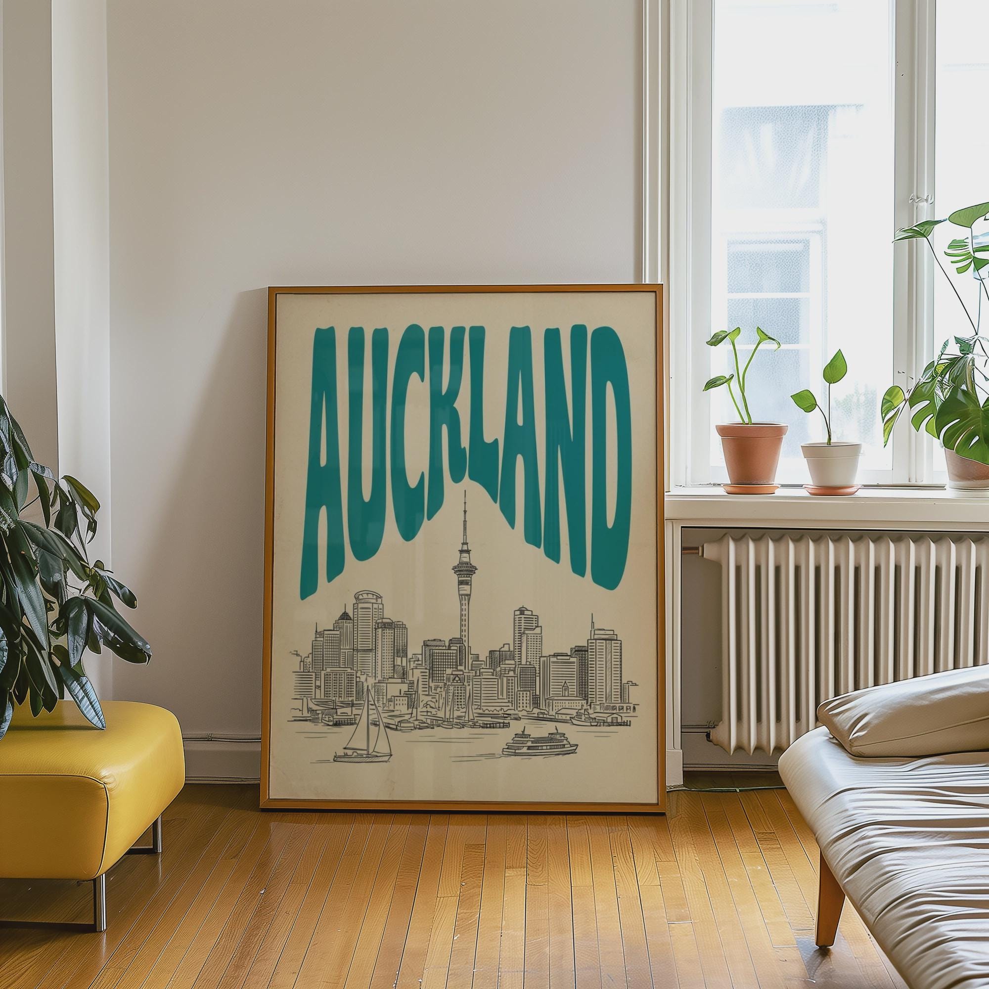 Auckland Skyline Wall Art, Vintage Travel Poster, New Zealand Harbor Print