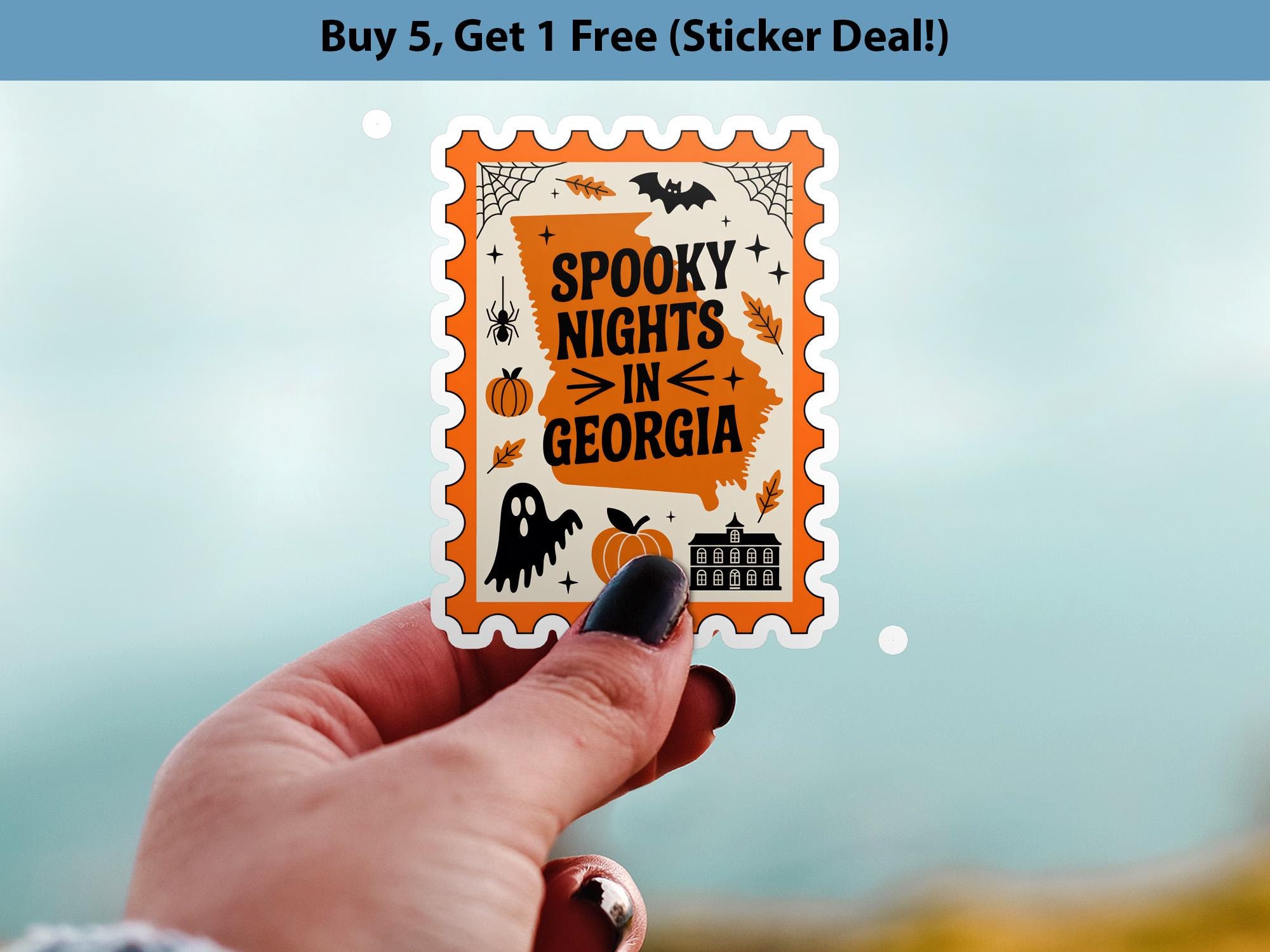 Georgia Stamp Halloween Sticker, Spooky USA Kiss-Cut Vinyl, Waterproof Decal, United States Travel