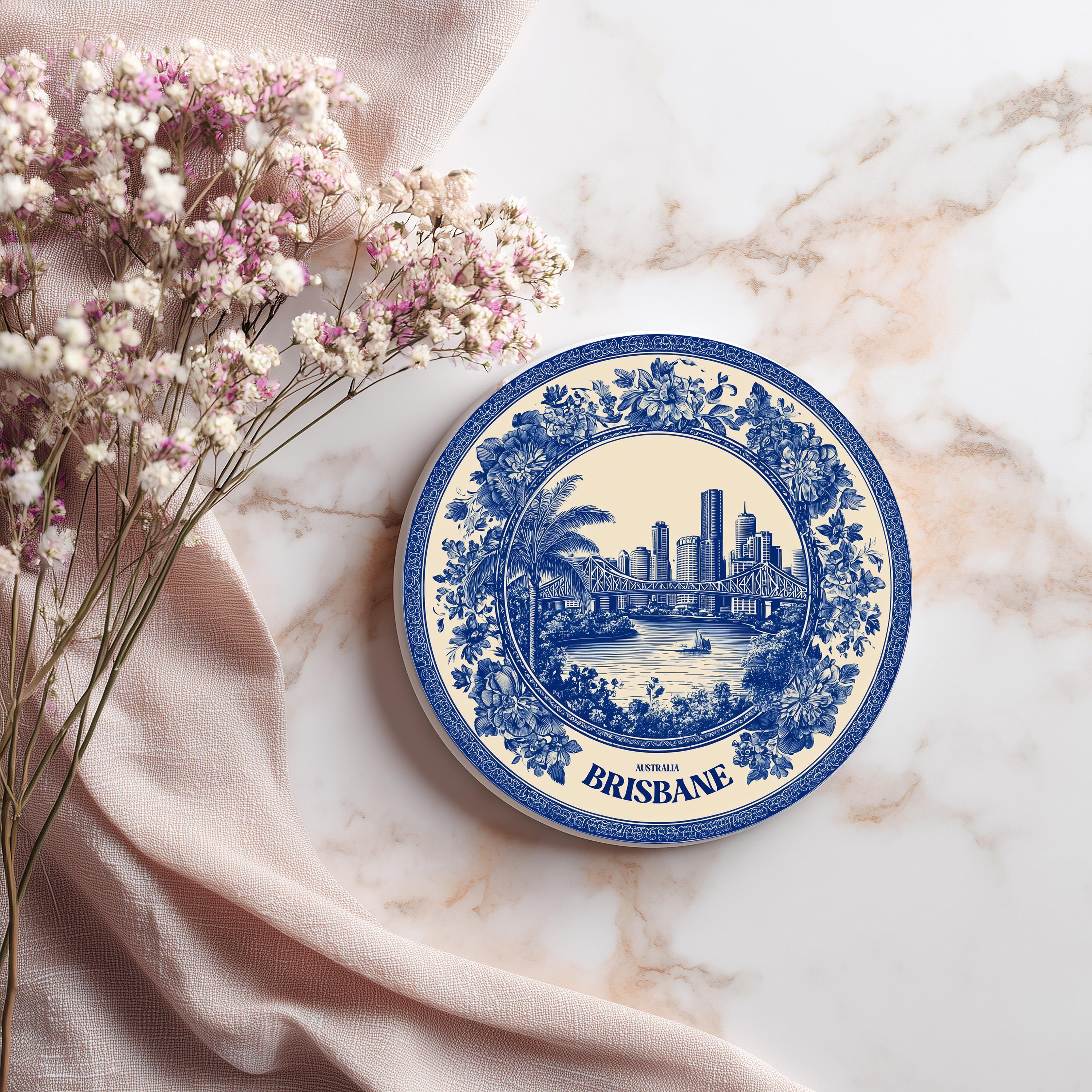 Brisbane Australia Delftware Ceramic Coaster, Blue White Travel Gift, Vintage Home Decor Collectible