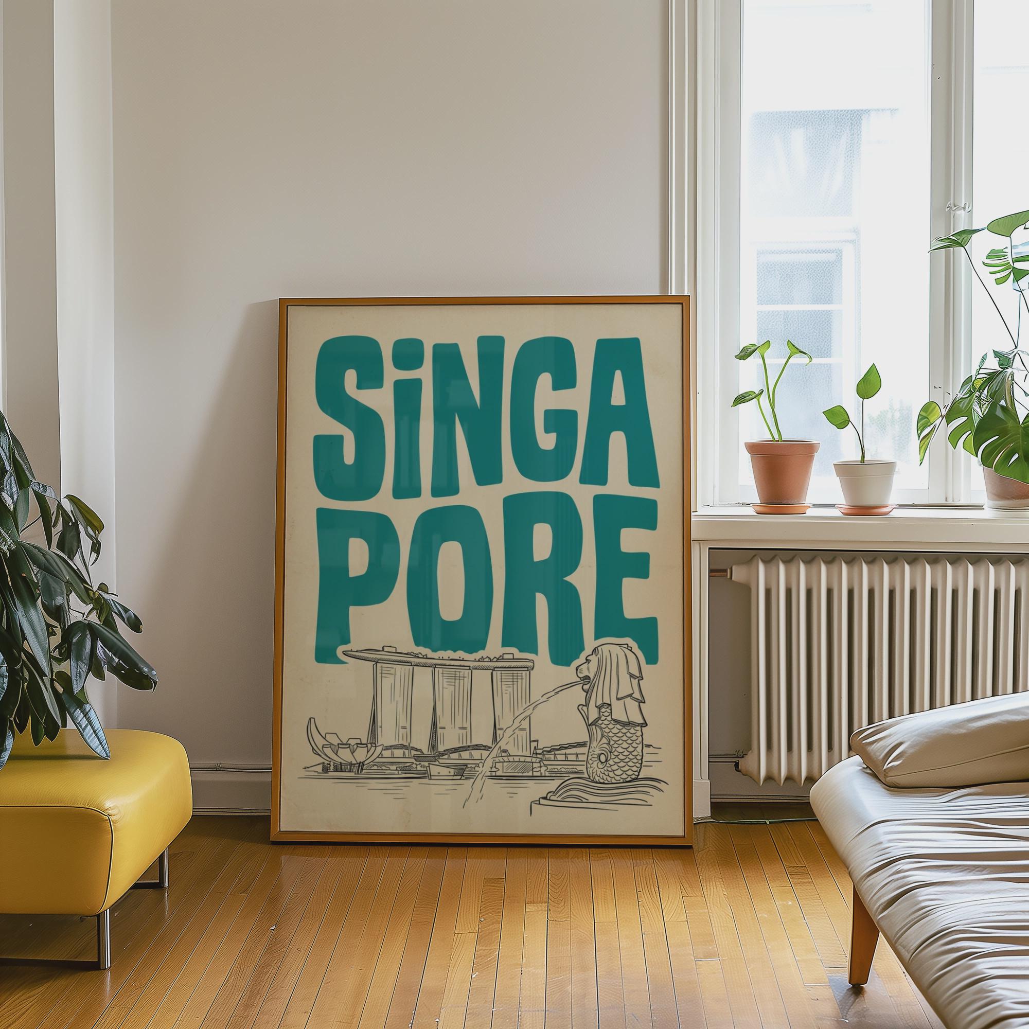 Singapore Skyline Wall Art, Retro Travel Print, Framed Canvas