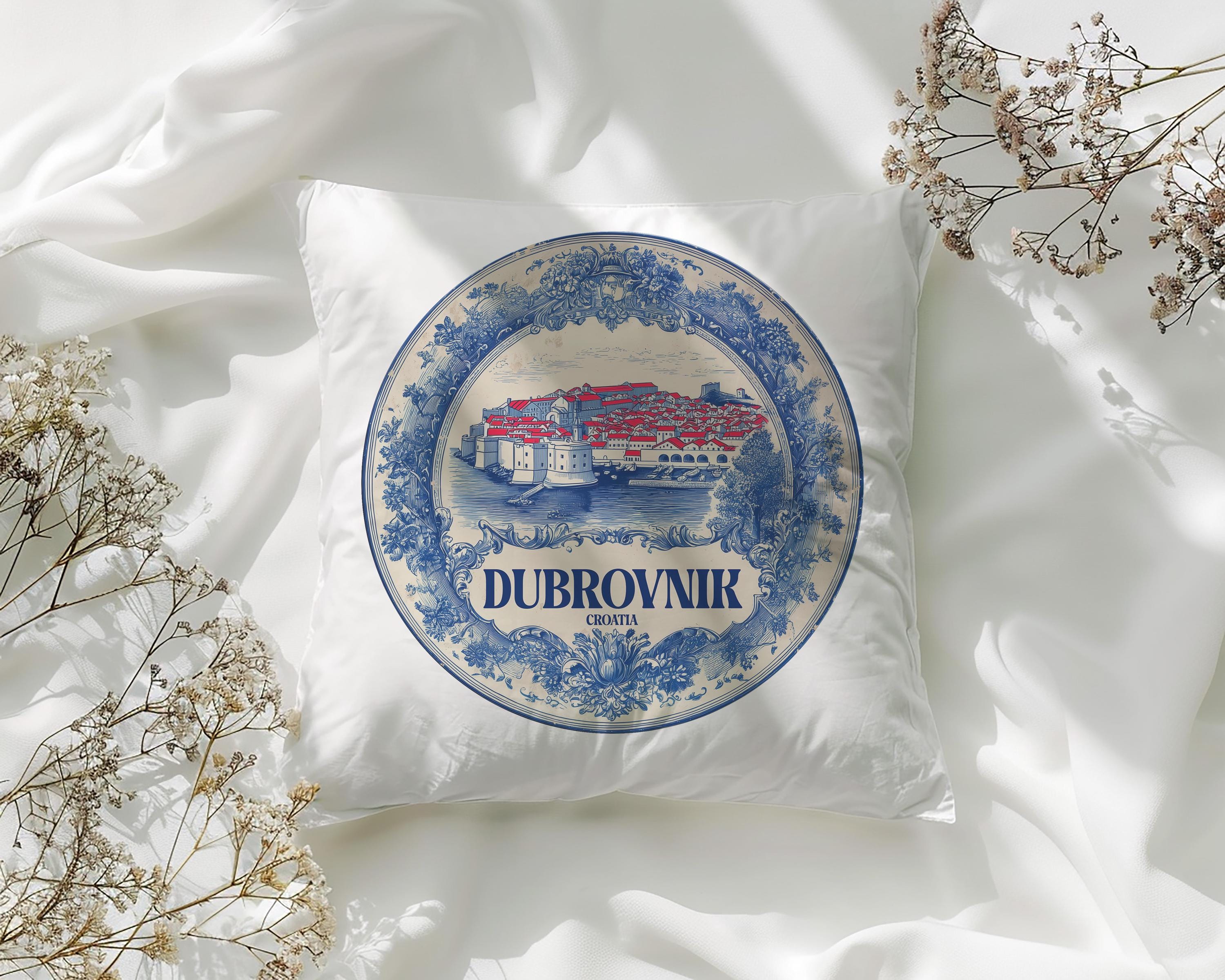 Dubrovnik Croatia Pillowcase, Delft Style Decorative Throw Pillow, Vintage Cityscape Retro Home Decor