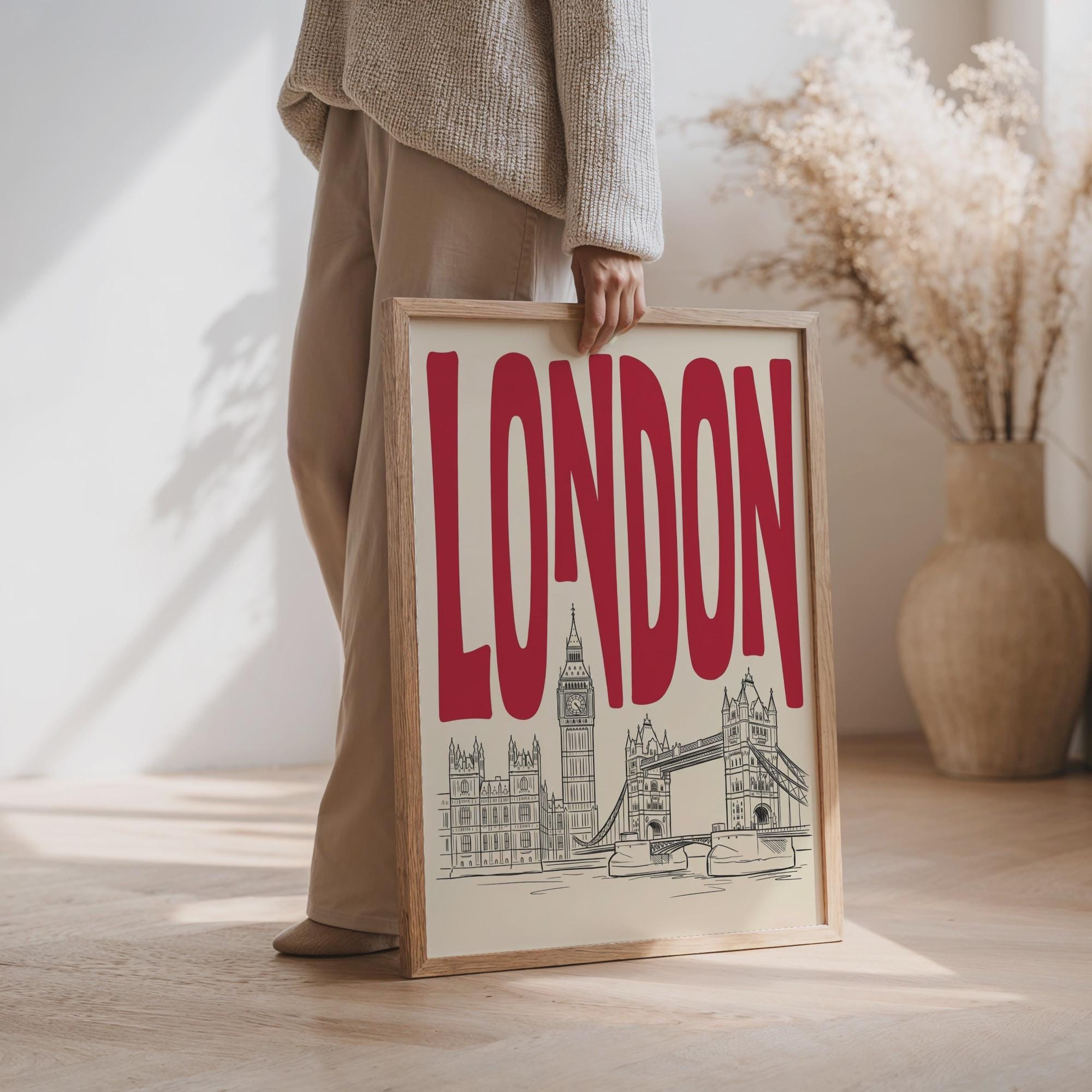 London Skyline Wall Minimalist Art, Framed Canvas Print, Big Ben Line Art Decor