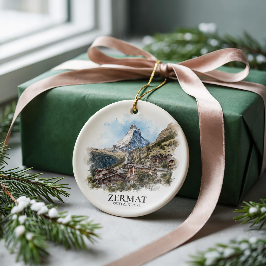 Zermatt Switzerland Personalized Watercolor Ornament, Custom Ceramic Christmas gift, Travel Keepsake