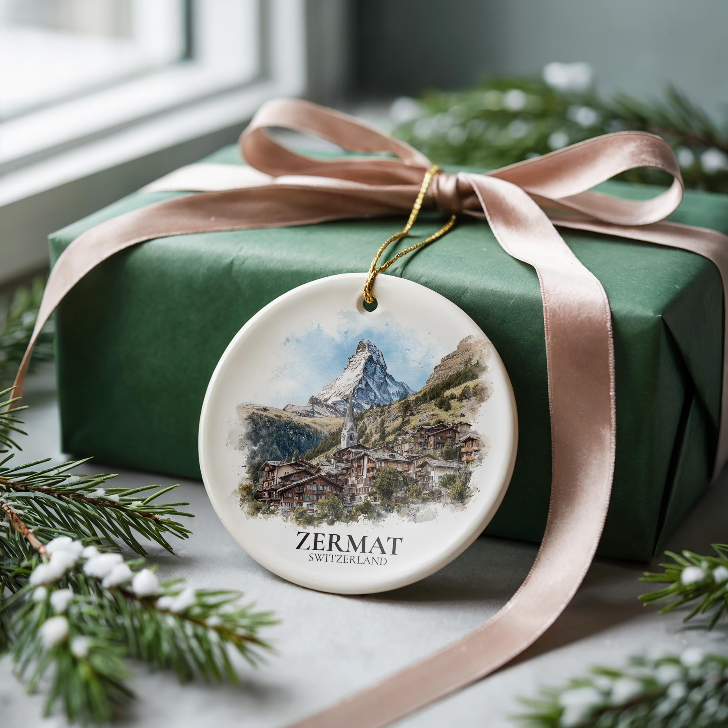 Zermatt Switzerland Personalized Watercolor Ornament, Custom Ceramic Christmas gift, Travel Keepsake
