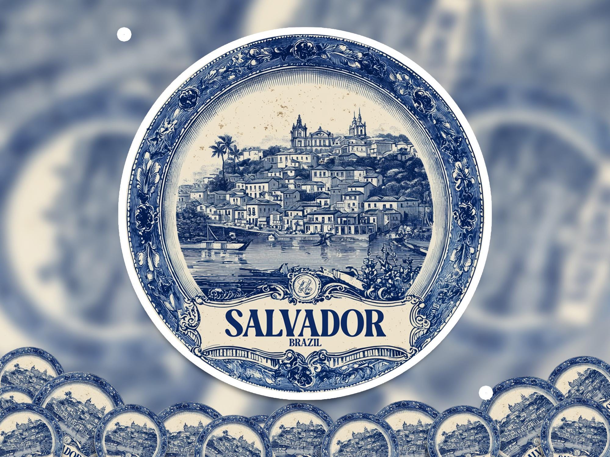Salvador Brazil Sticker Vintage Delft style, Delftware Decal Waterproof Vinyl, Blue City Travel