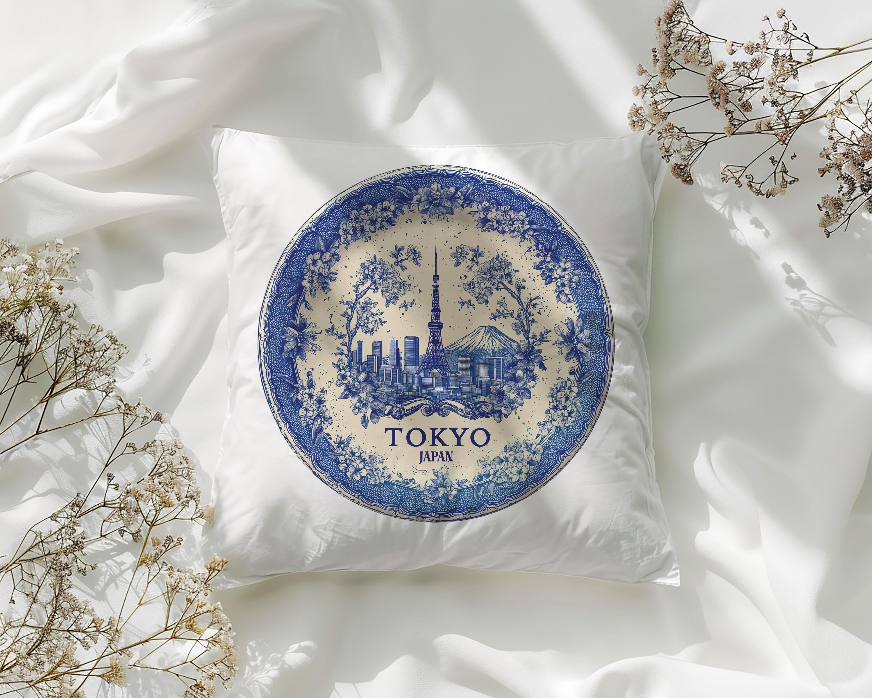 Tokyo Japan Pillowcase, Delft Style Decorative Throw Pillow, Vintage Cityscape Retro Home Decor