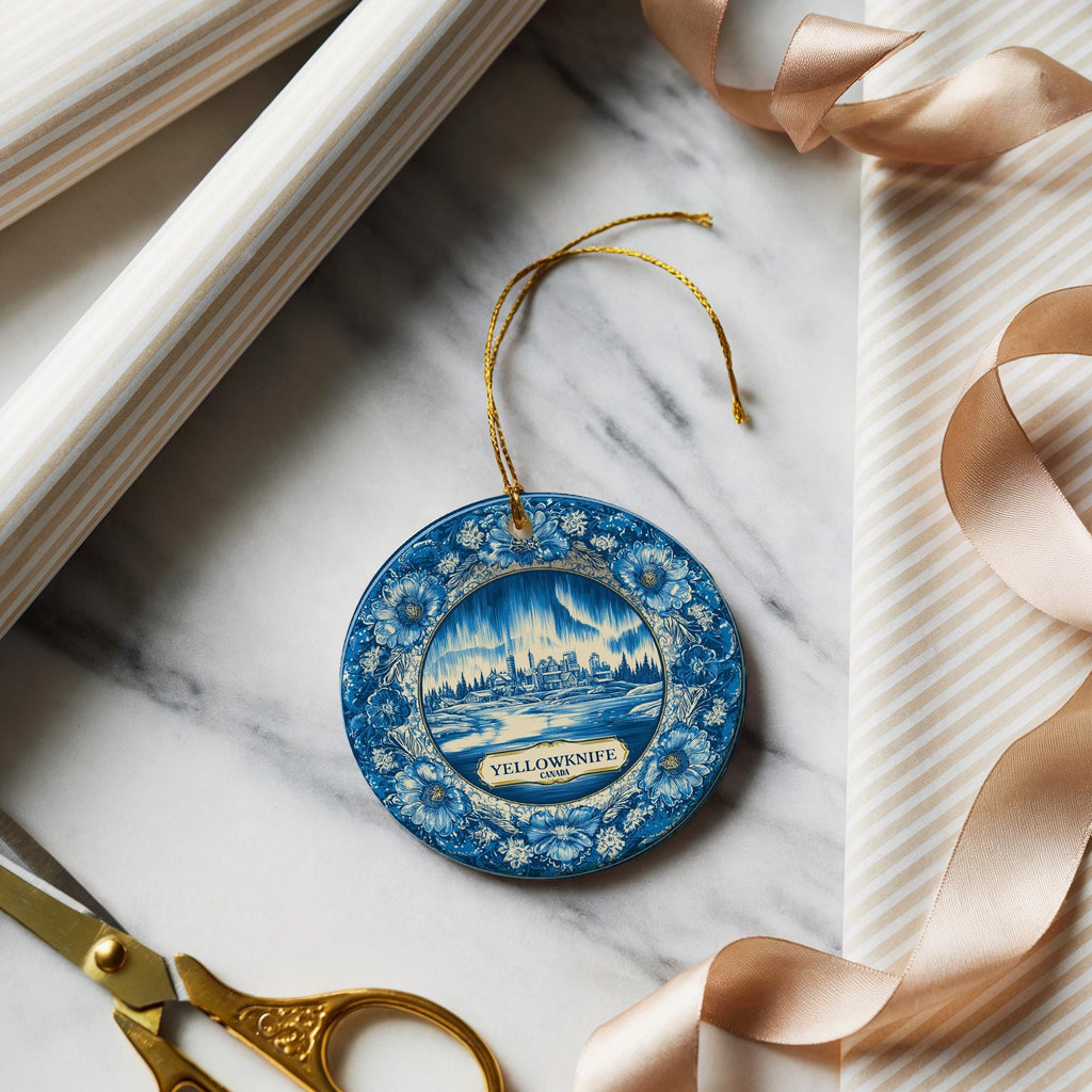 Custom Yellowknife Canada Ceramic Delft Ornament, Christmas Delftware Blue Delftware city travel
