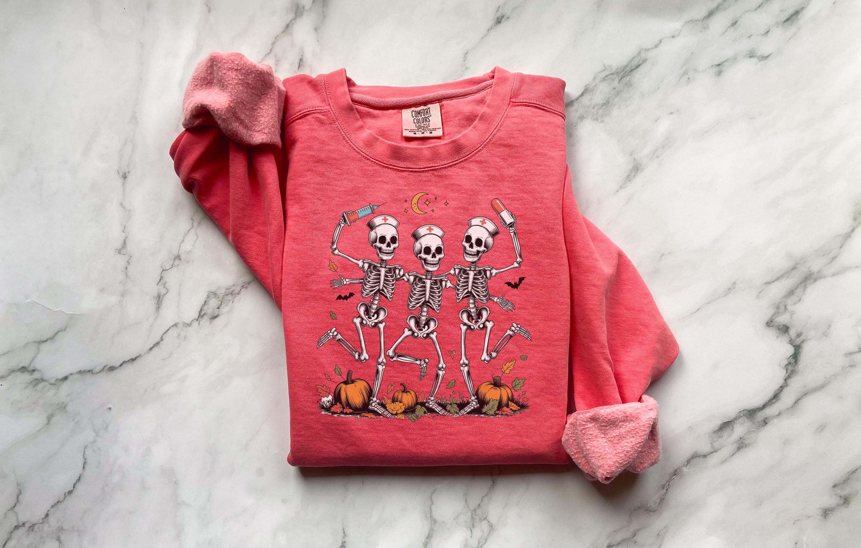 Dancing Skeleton Nurse Sweatshirt, Spooky Halloween Medical Tee