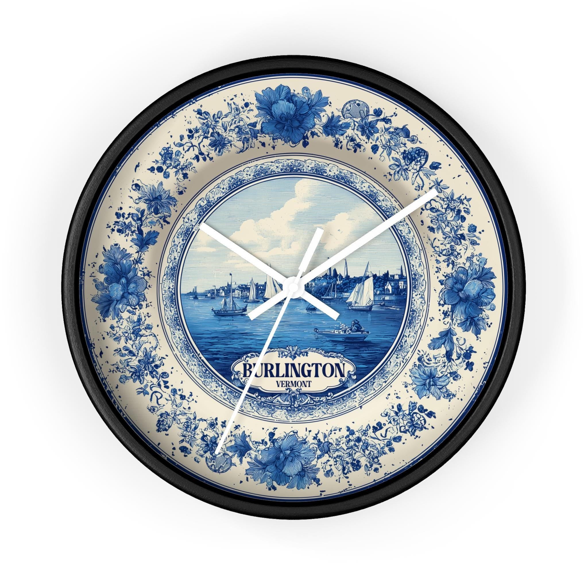 Burlington Vermont Wall Clock, Delf style Home Decor, Vintage City Travel Keepsake Art