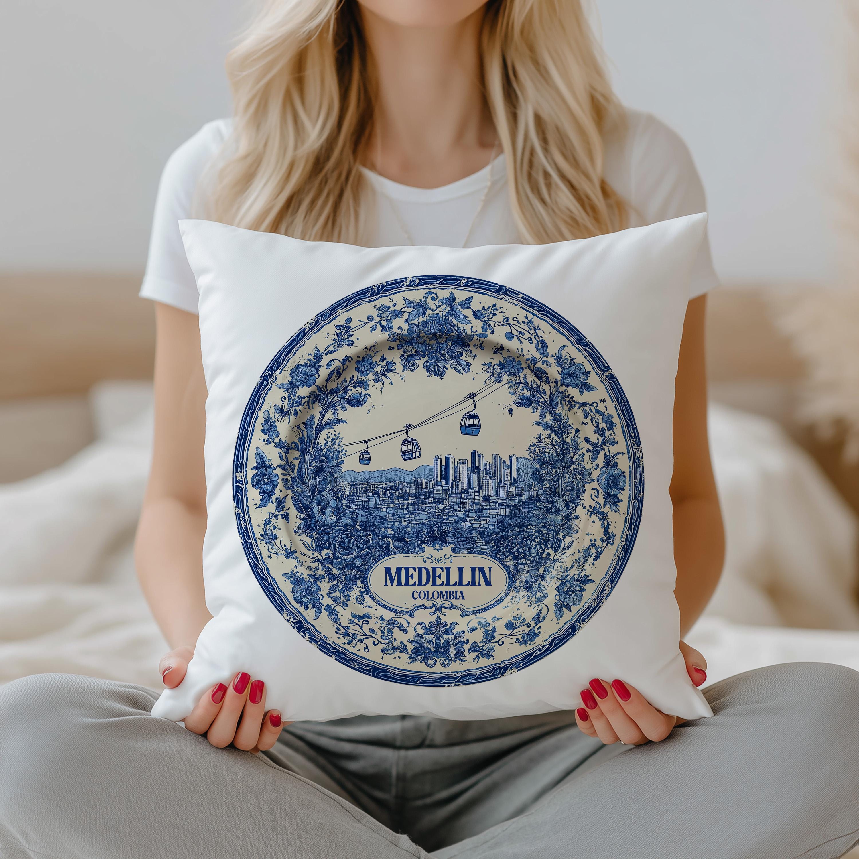 Medellin Colombia Pillowcase, Delft Style Decorative Throw Pillow, Vintage Cityscape Retro Home Decor