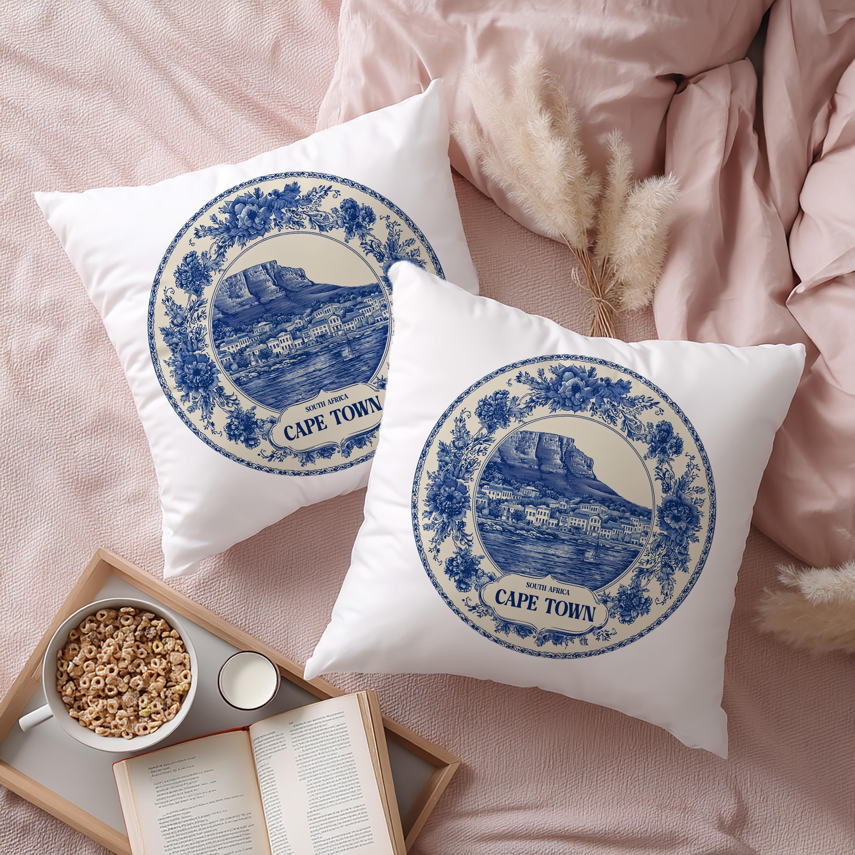 Cape Town South Africa Pillowcase, Delft Style Decorative Throw Pillow, Vintage Cityscape Retro Home Decor