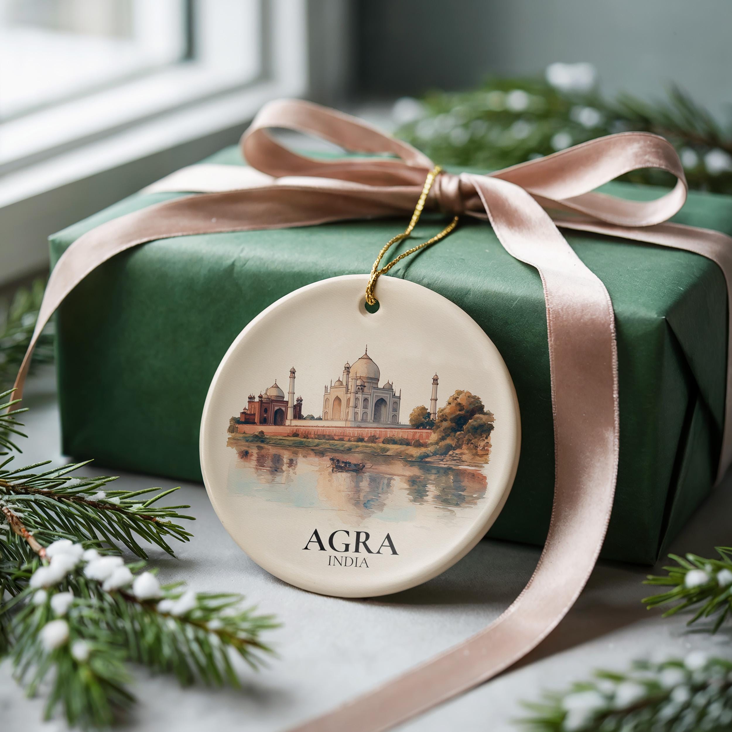 Agra India Personalized Watercolor Ornament, Custom Ceramic Christmas gift, Travel Keepsake