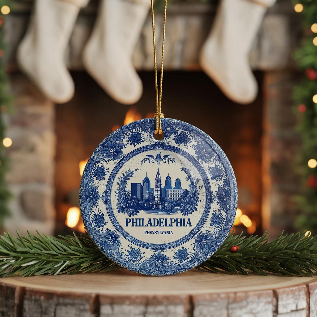 Custom Philadelphia Delftware Ceramic Ornament: City Travel Keepsake