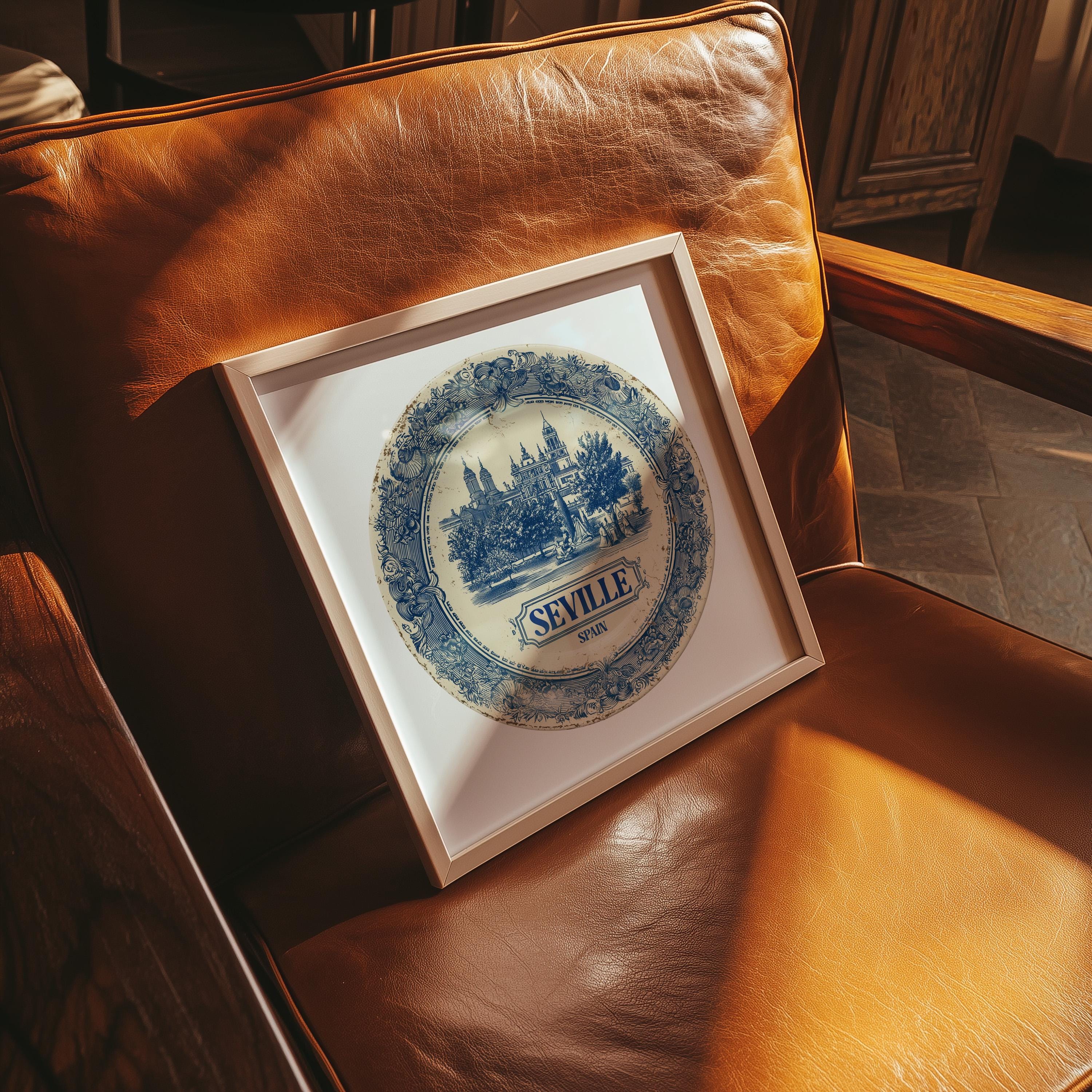 Seville Spain Wall Art, Vintage Delft Blue Poster, City Print, Travel Home Decor