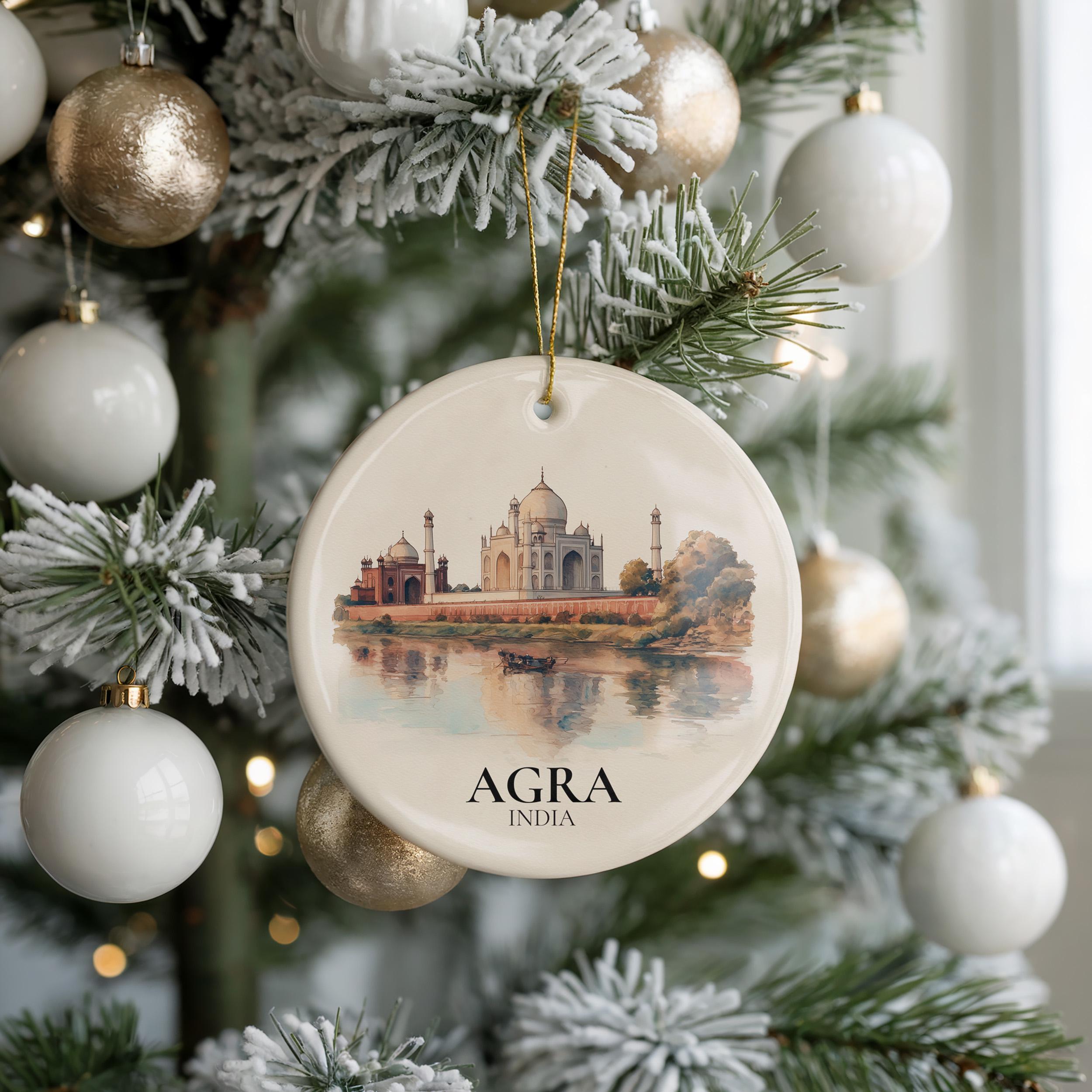 Agra India Personalized Watercolor Ornament, Custom Ceramic Christmas gift, Travel Keepsake