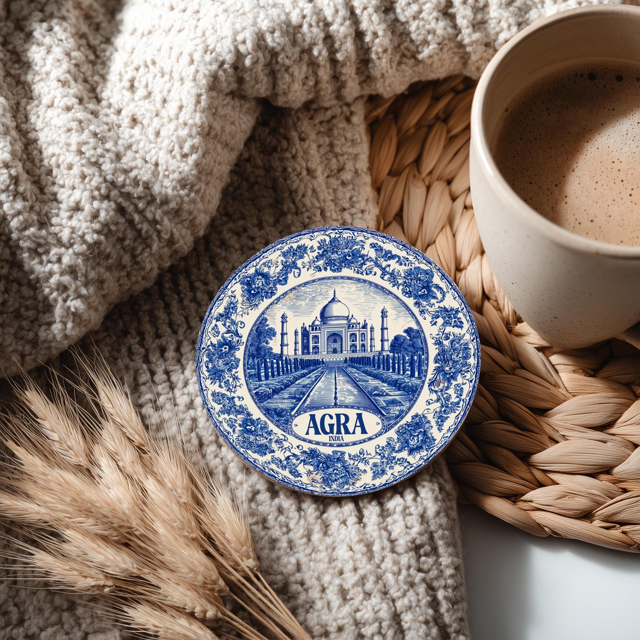Agra India Delftware Ceramic Coaster, Blue White Travel Gift, Vintage Home Decor Collectible