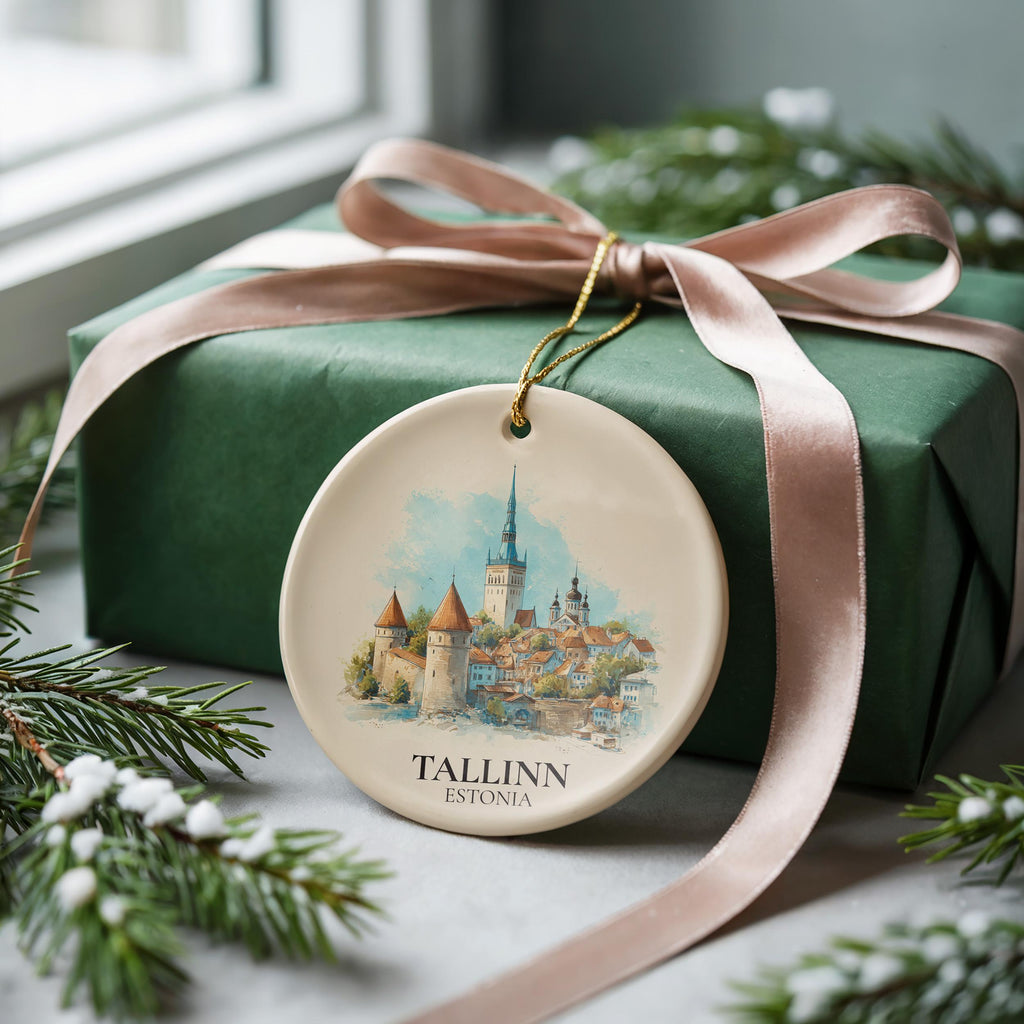 Tallinn Estonia Custom Watercolor Ornament, Personalized Ceramic Christmas gift, Travel Keepsake