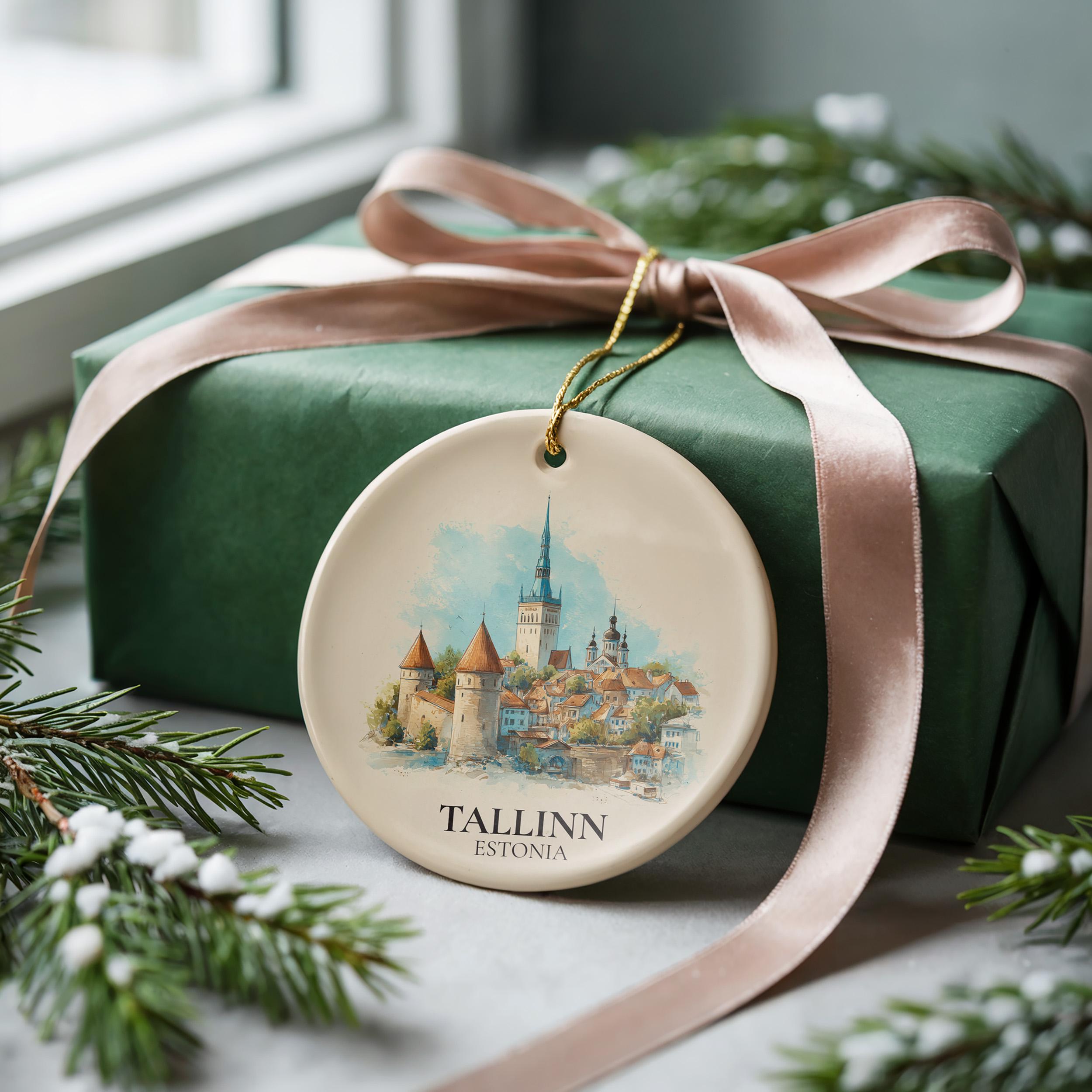 Tallinn Estonia Custom Watercolor Ornament, Personalized Ceramic Christmas gift, Travel Keepsake