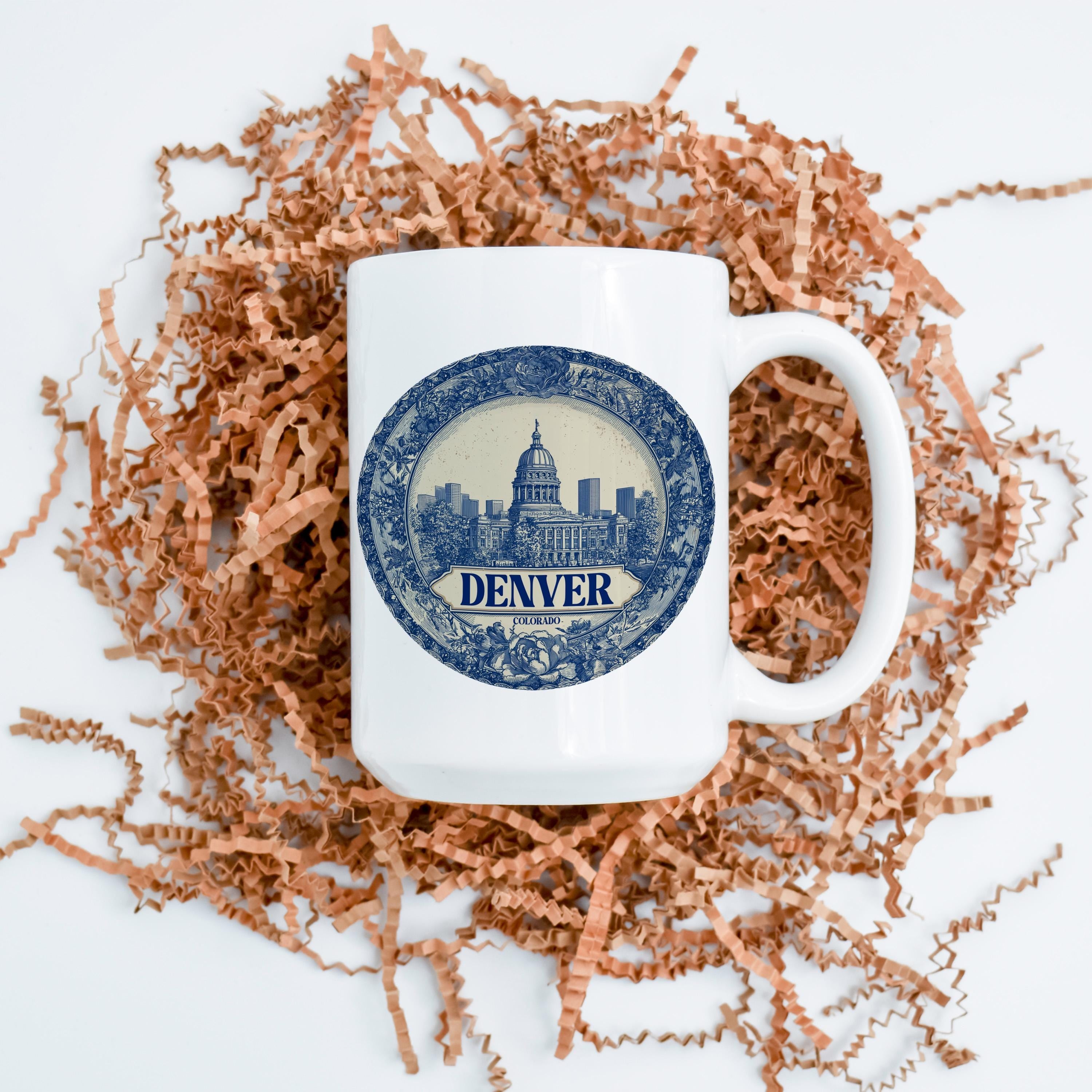 Denver Colorado Mug, Custom Delft Style cup, Personalized Vintage Travel City Gift