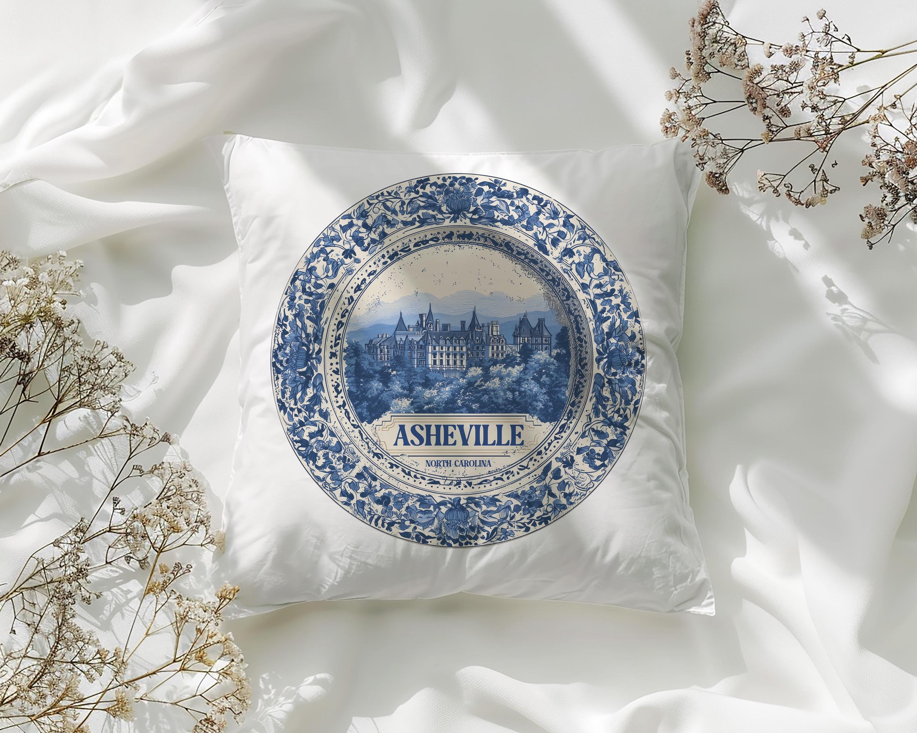 Asheville North Carolina Pillowcase, Delft Style Decorative Throw Pillow, Vintage Cityscape Retro Home Decor