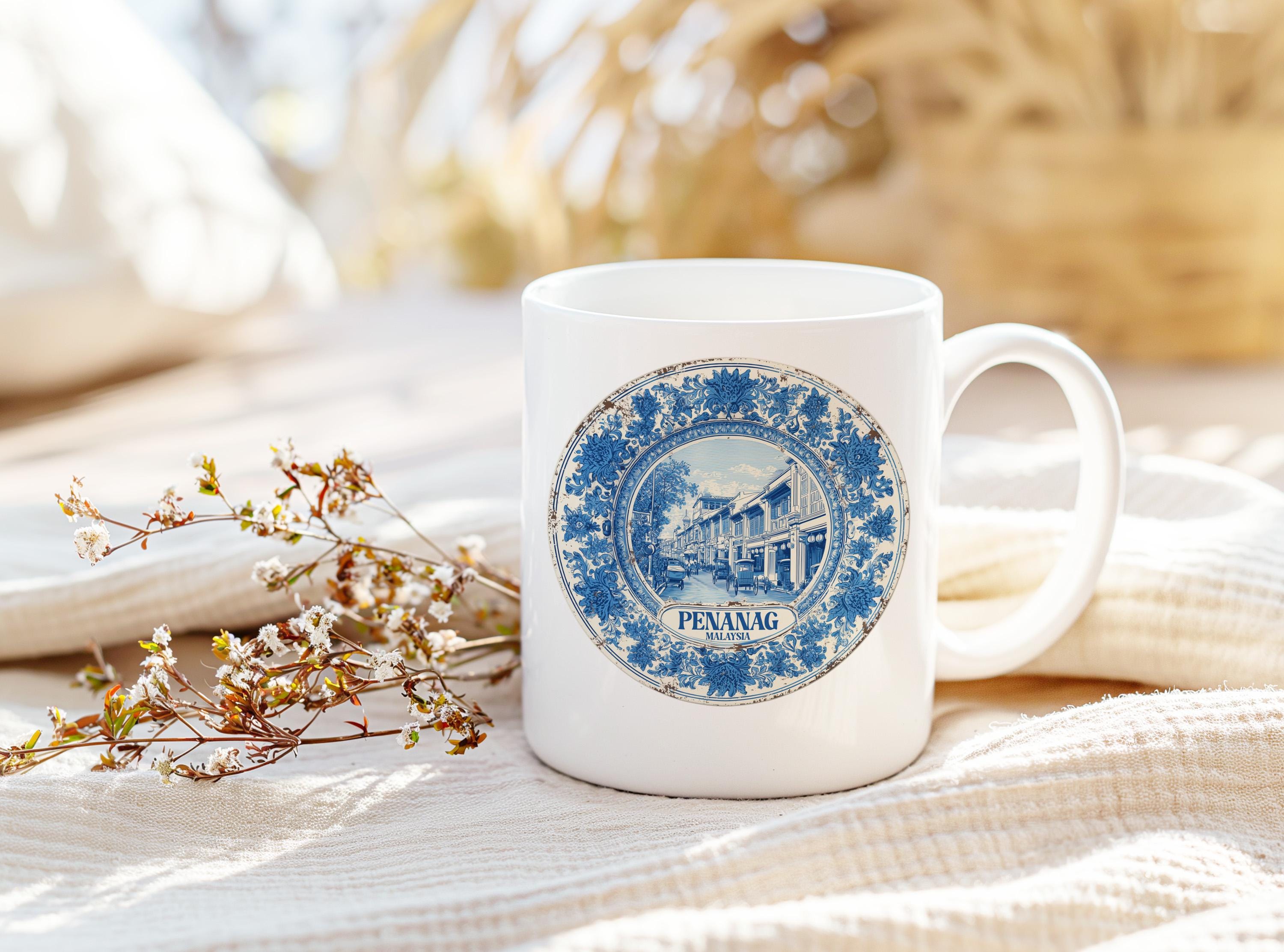 Penang Malaysia Mug, Custom Delft Style cup, Personalized Vintage Travel City Gift