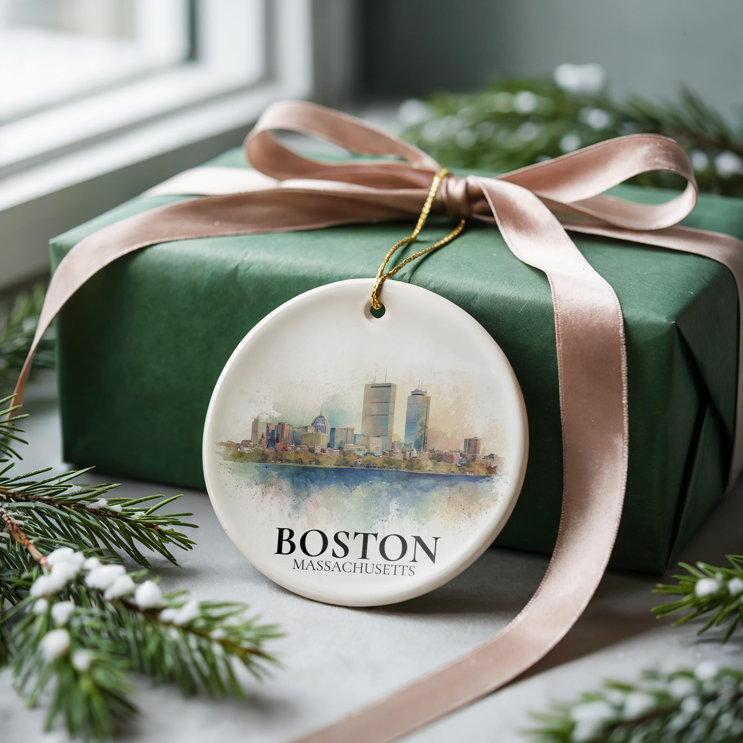 Boston Massachusetts Personalized Watercolor Ornament, Custom Ceramic Christmas gift, Travel Keepsake