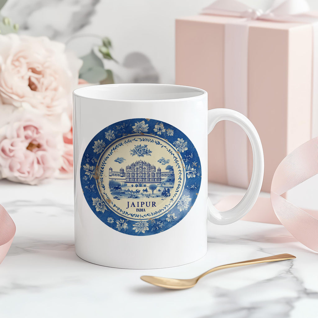 Jaipur India Mug, Custom Delft Style cup, Personalized Vintage Travel City Gift