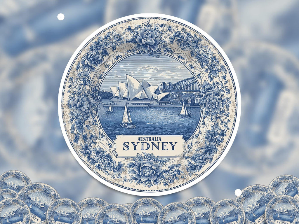 Sydney Australia Sticker Vintage Delft style, Delftware Decal Waterproof Vinyl, Blue City Travel