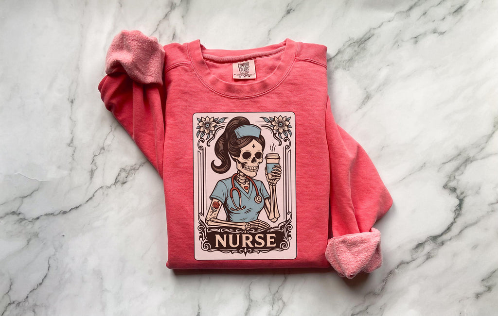 Spooky Nurse Tarot Card Sweatshirt, Gothic Skeleton RN Top, Halloween Witchy Medical Apparel, Retro Occult Pullover, Creepy Gift for Nurse