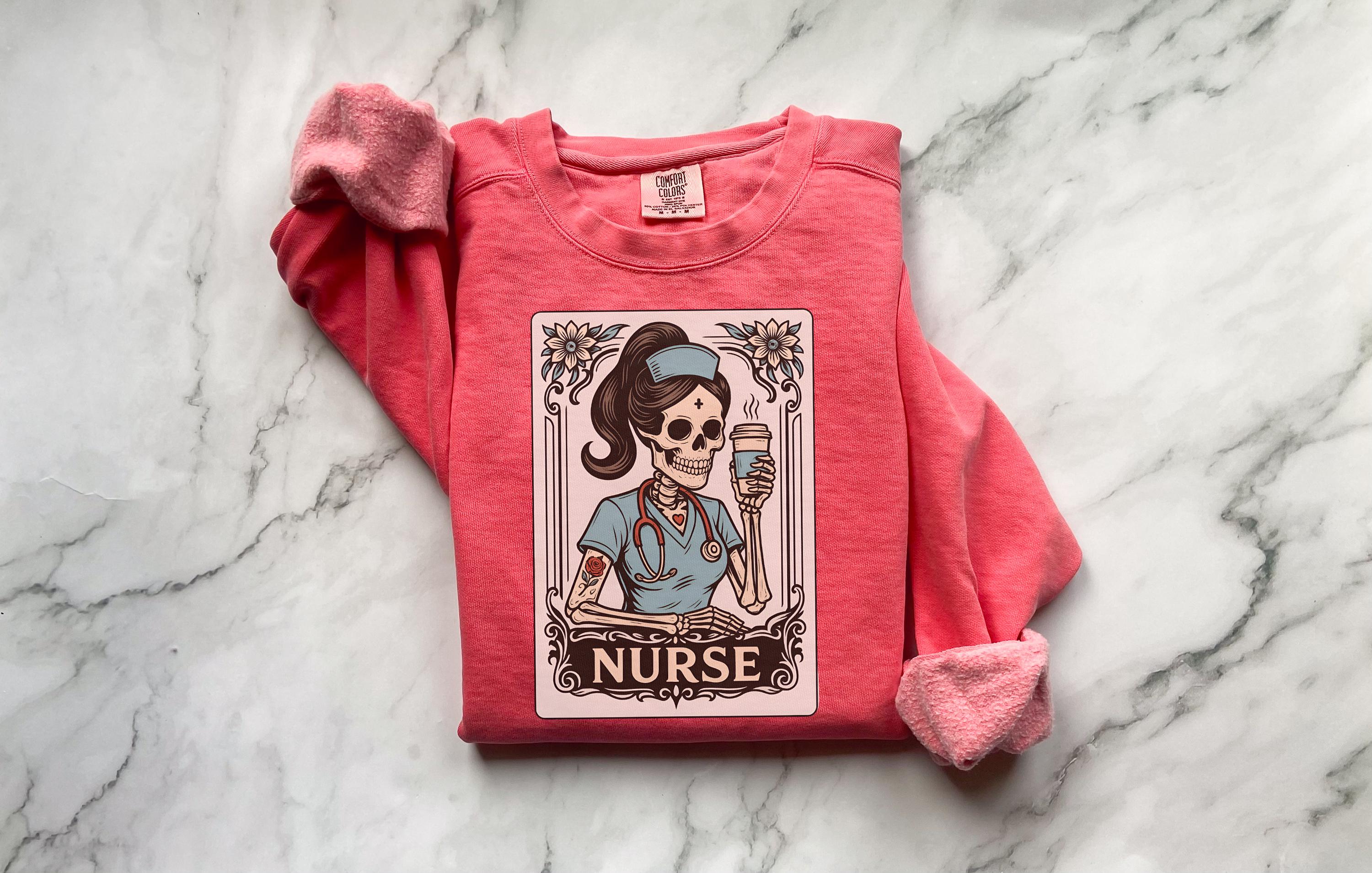 Spooky Nurse Tarot Card Sweatshirt, Gothic Skeleton RN Top, Halloween Witchy Medical Apparel, Retro Occult Pullover, Creepy Gift for Nurse