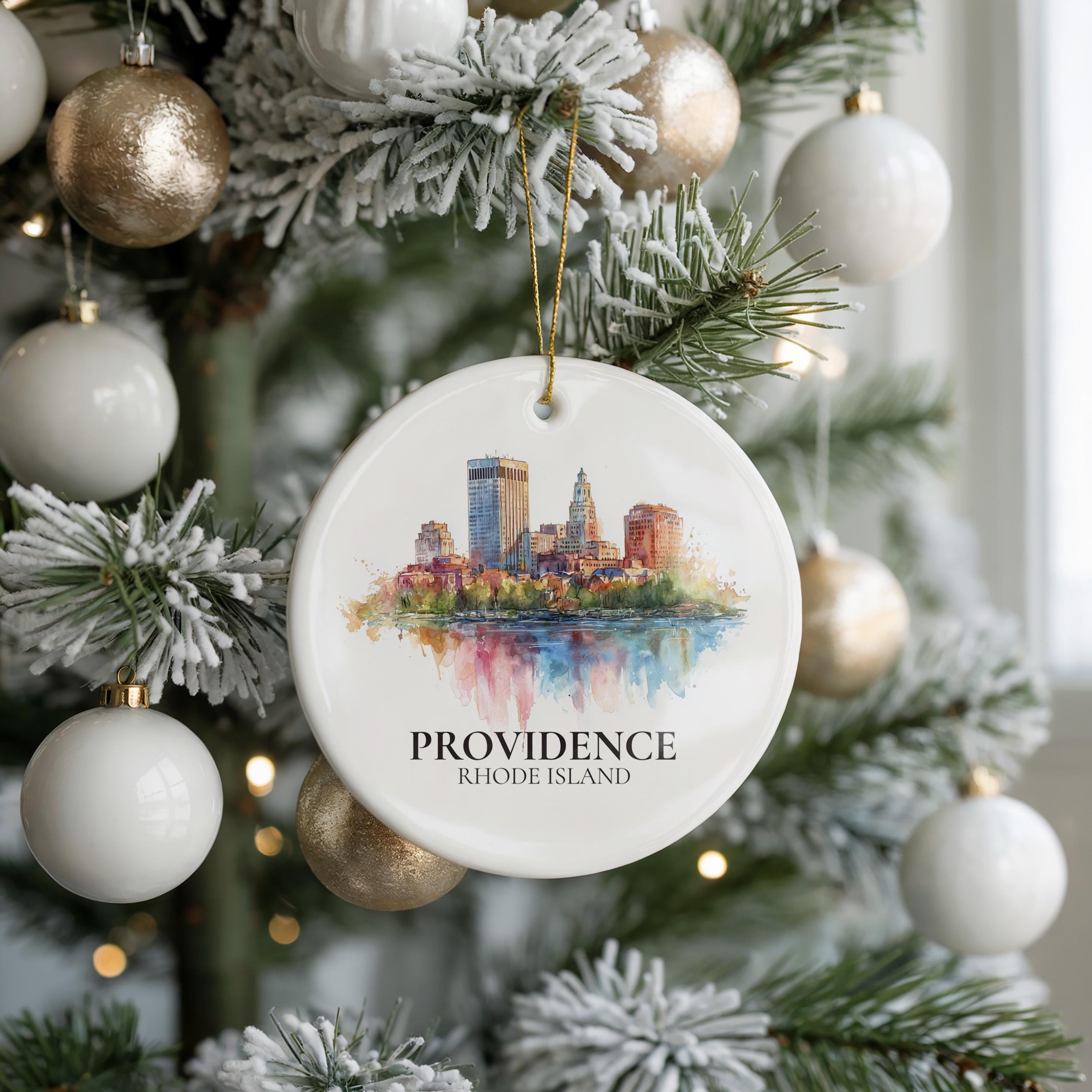 Providence Rhode Island Personalized Watercolor Ornament, Custom Ceramic Christmas gift, Travel Keepsake