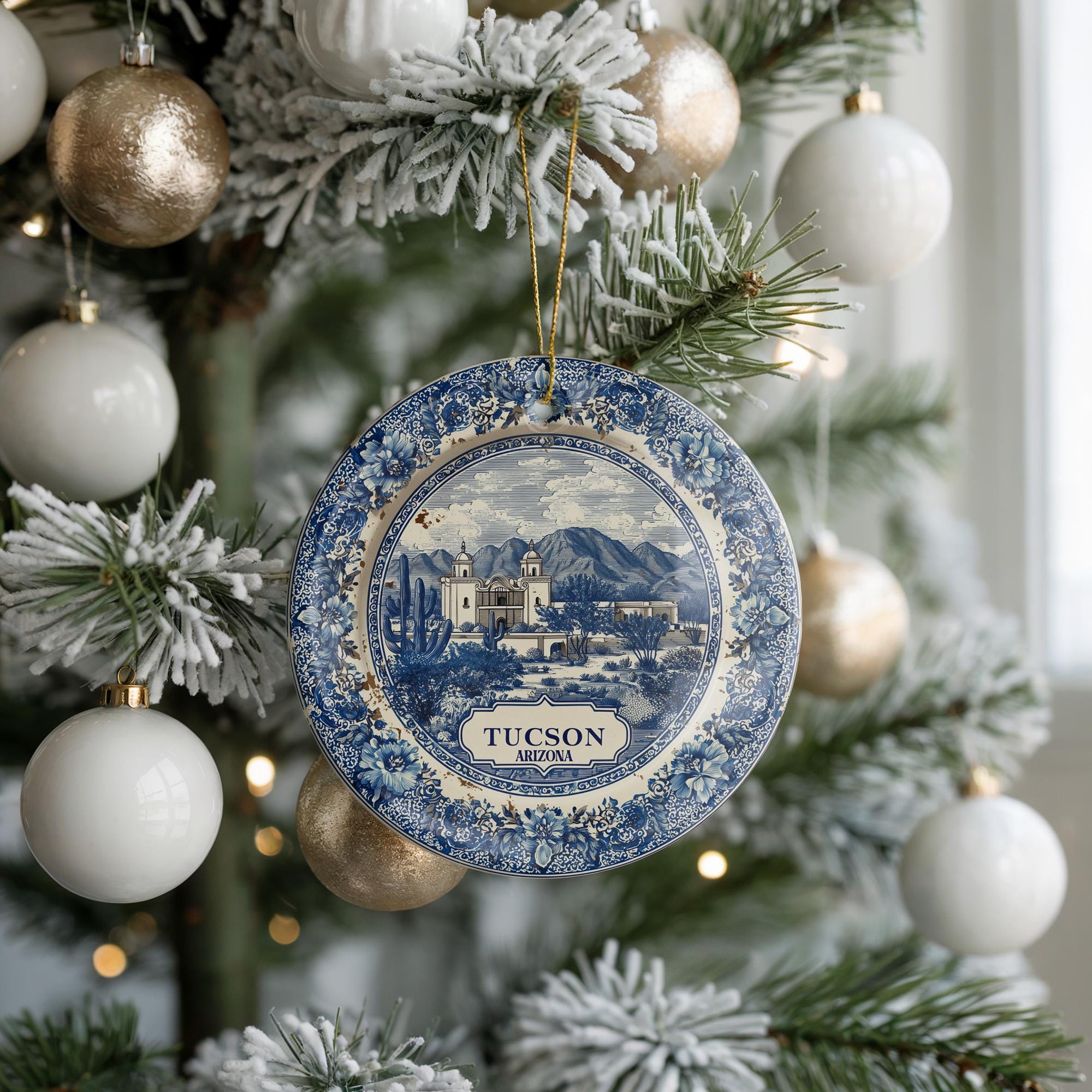 Custom Tucson Arizona Ceramic Delft Ornament, Christmas Delftware Blue Delftware city travel