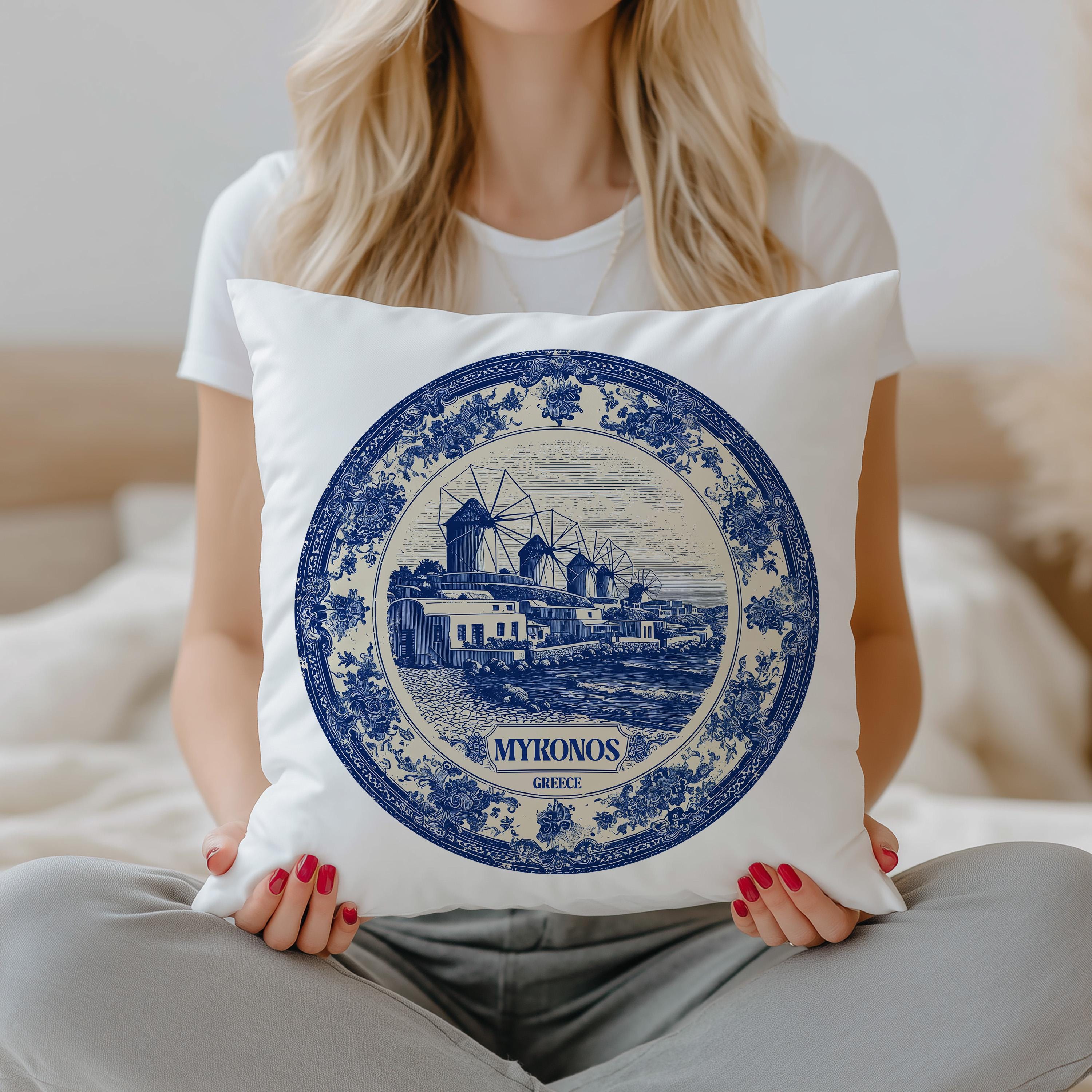 Mykonos Greece Pillowcase, Delft Style Decorative Throw Pillow, Vintage Cityscape Retro Home Decor