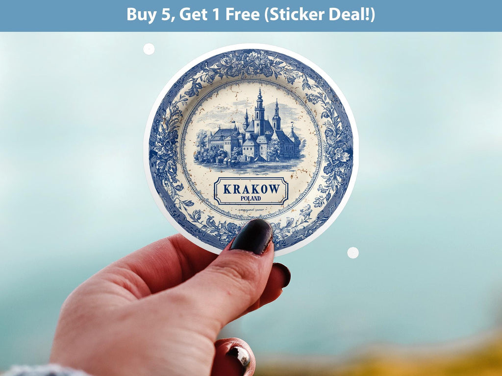 Krakow Poland Sticker Vintage Delft style, Delftware Decal Waterproof Vinyl, Blue City Travel