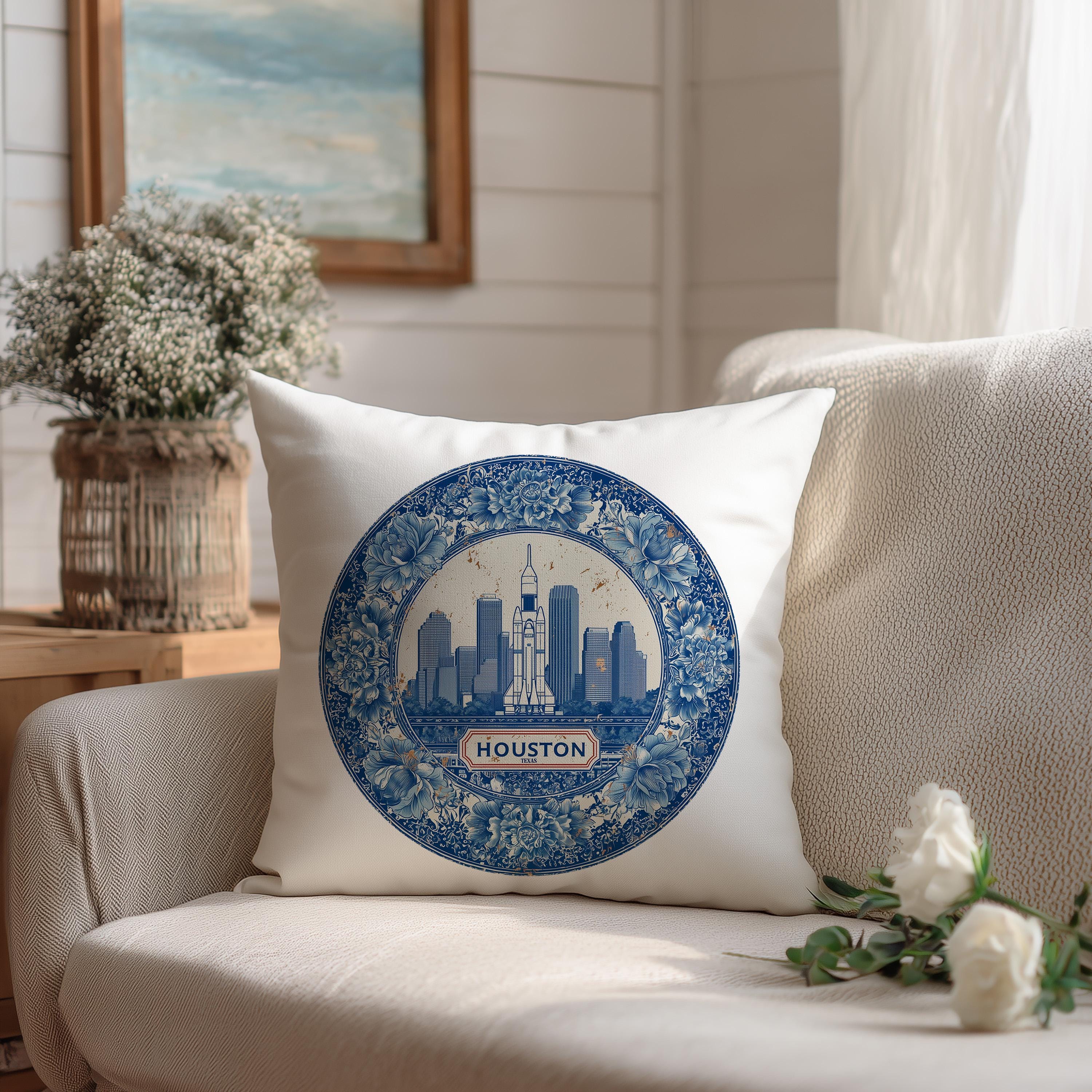 Houston Texas Pillowcase, Delft Style Decorative Throw Pillow, Vintage Cityscape Retro Home Decor