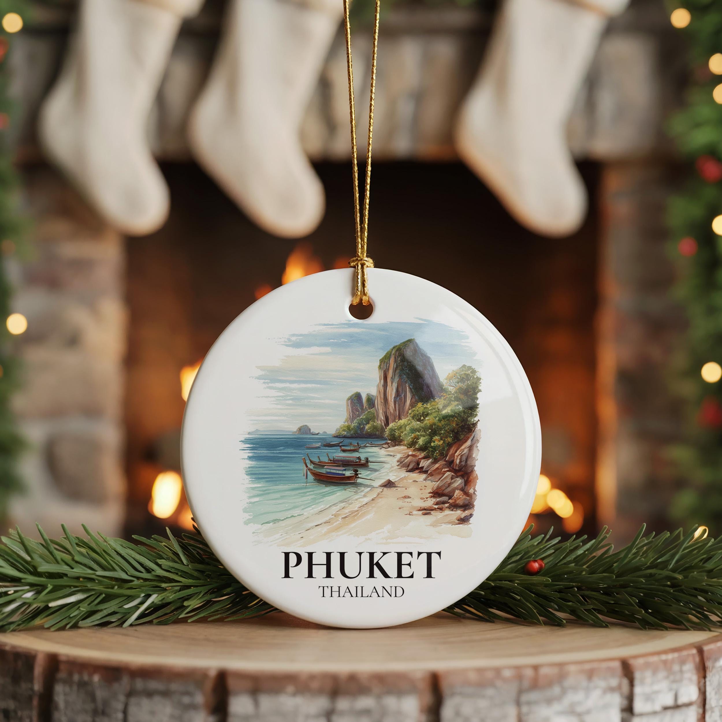 Phuket Thailand Personalized Watercolor Ornament, Custom Ceramic Christmas gift, Travel Keepsake