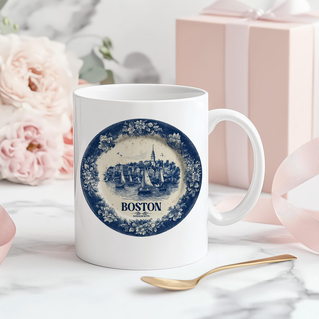 Boston Massachusetts Custom Mug, Delft Style cup, Personalized Vintage Travel City Gift