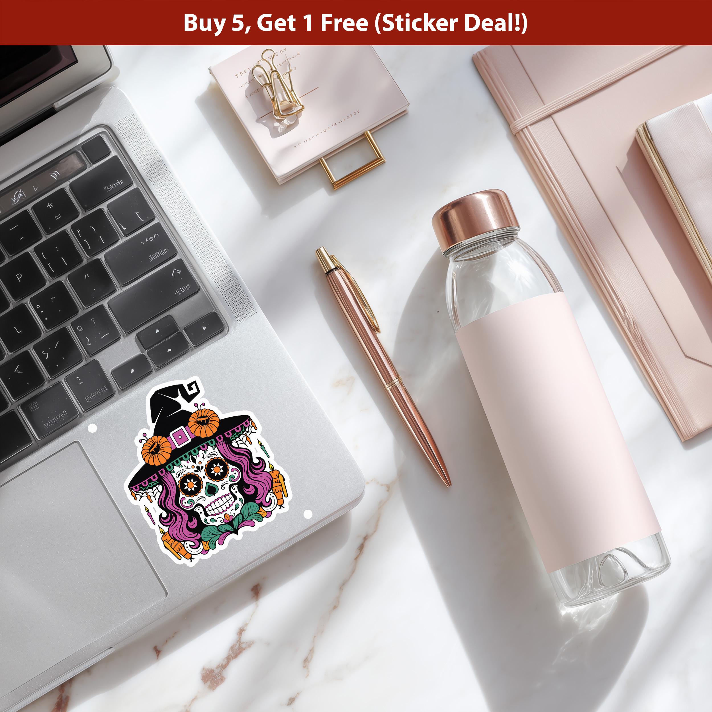 Sugar Skull Witch Sticker, Day of the Dead Halloween Decal, Floral Goth Vinyl