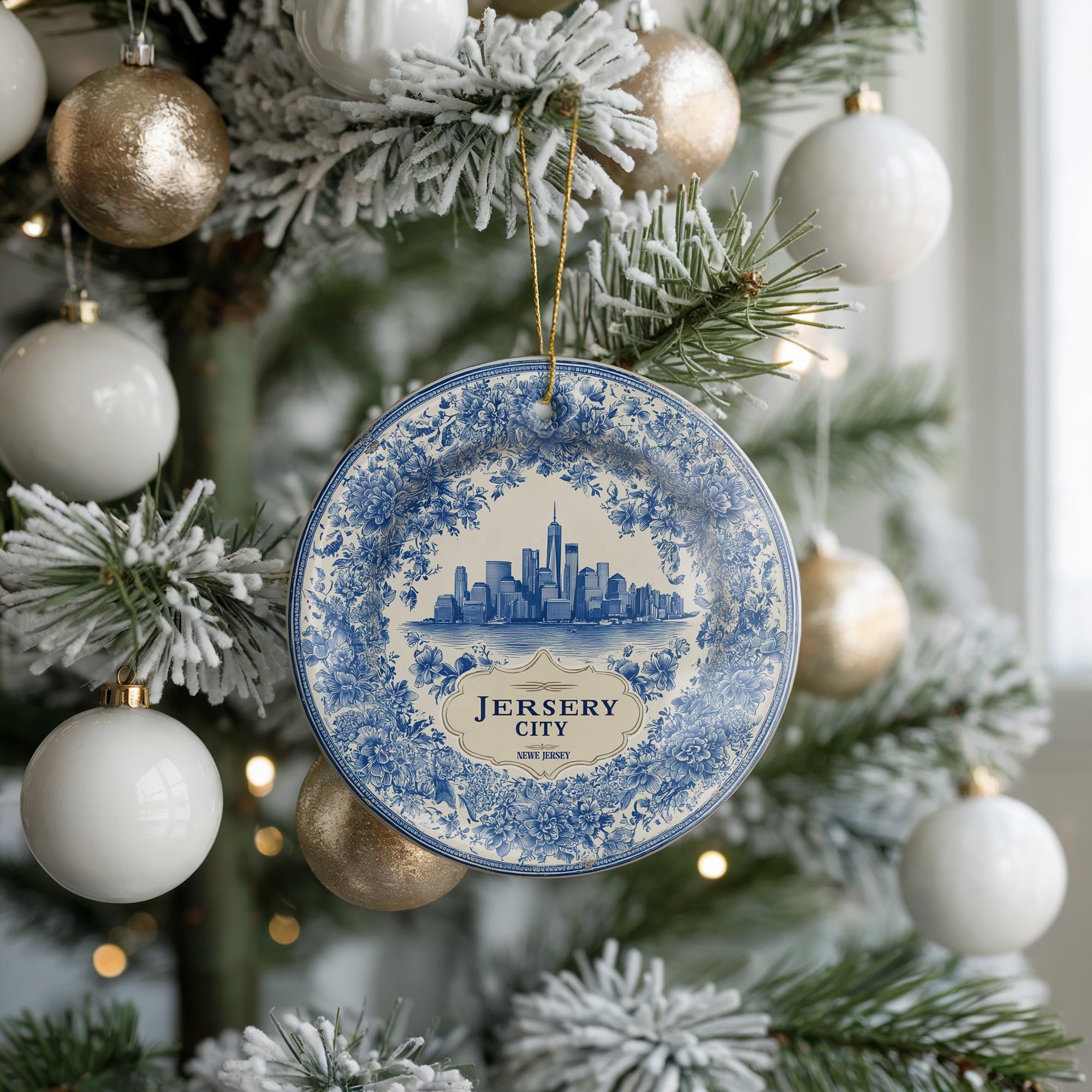 Custom Jersey City Delftware Ceramic Ornament: Double-Sided City Travel Keepsake