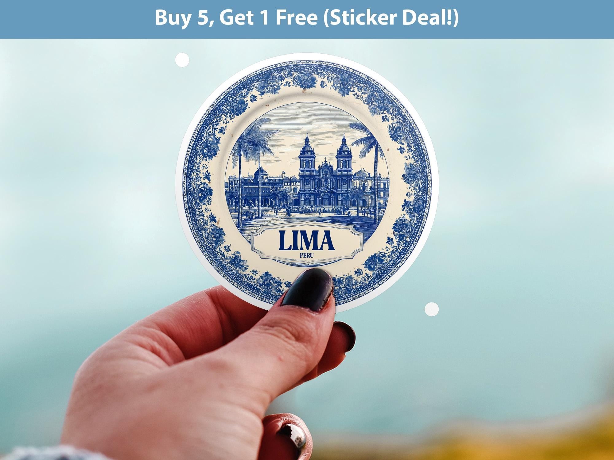 Lima Peru Sticker Vintage Delft style, Delftware Decal Waterproof Vinyl, Blue City Travel