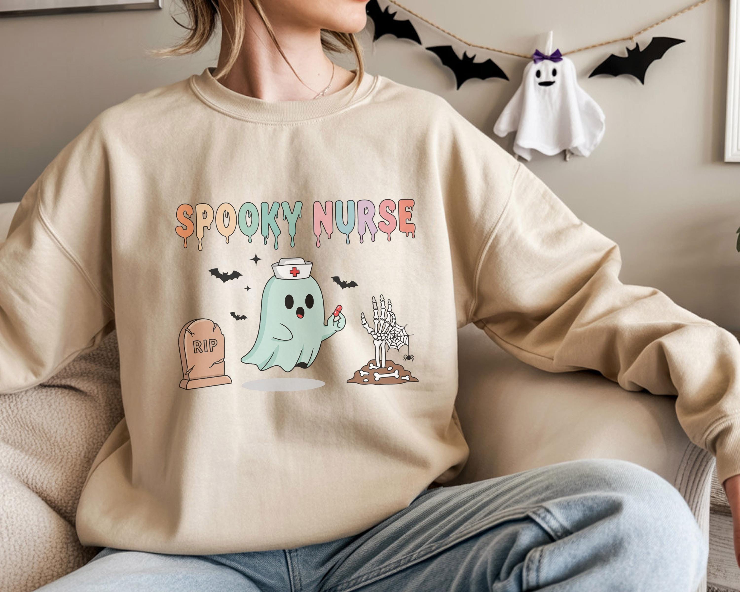 Spooky Nurse Halloween Sweatshirt, Cute Ghost Halloween Gift for Nurse Medical Lab, Nurse Spooky , Nurse Halloween Boo Boo Crew