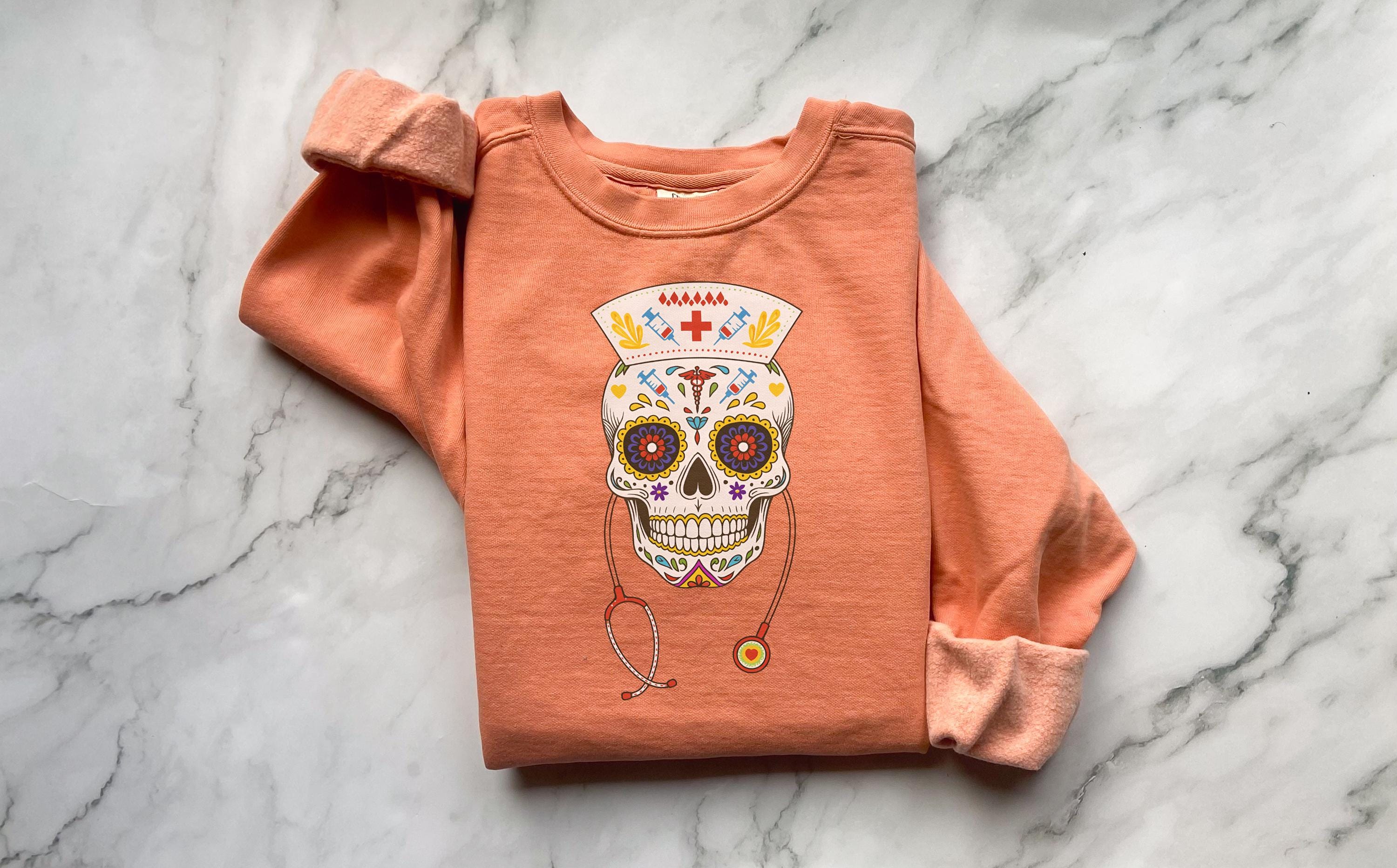 Halloween Nurse Skull Sweatshirt, Spooky RN Day of the Dead Top, Gothic Medical Fall Pullover, Retro Skeleton Apparel, Gift for Nurse