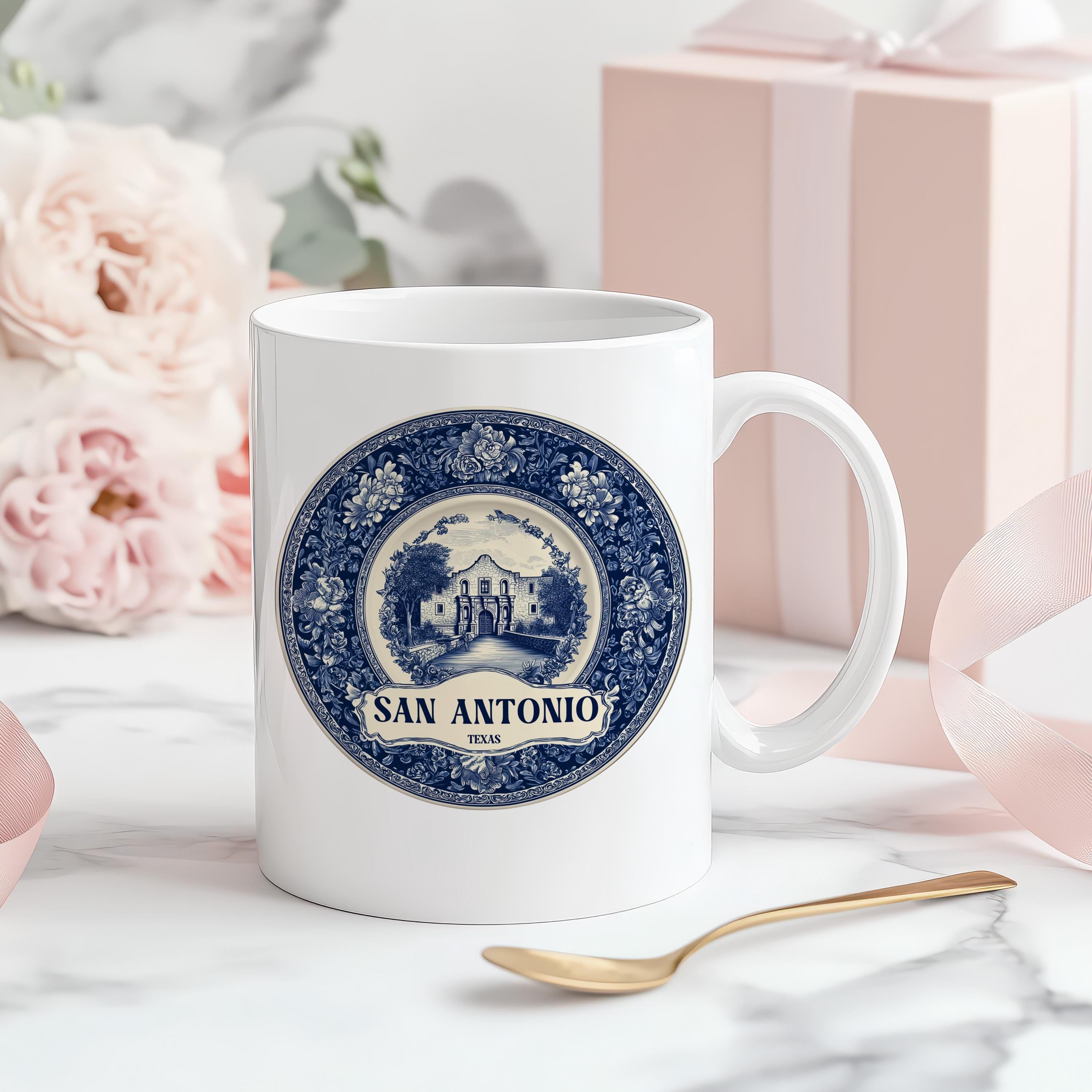 San Antonio Texas Mug, Custom Delft Style cup, Personalized Vintage Travel City Gift