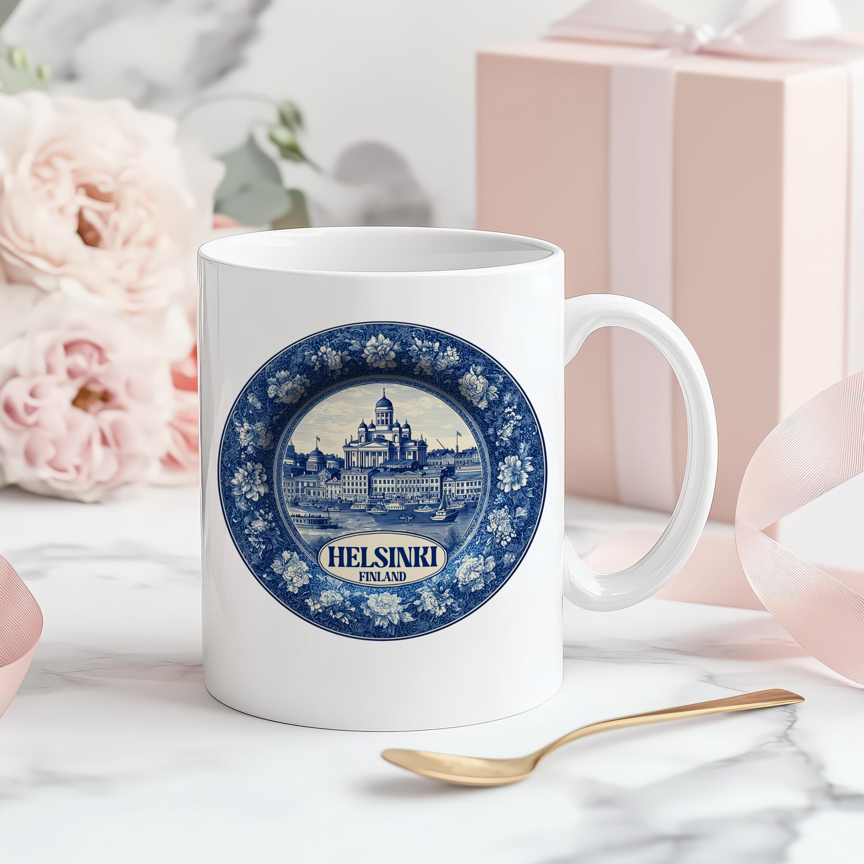 Helsinki Finland Mug, Custom Delft Style cup, Personalized Vintage Travel City Gift