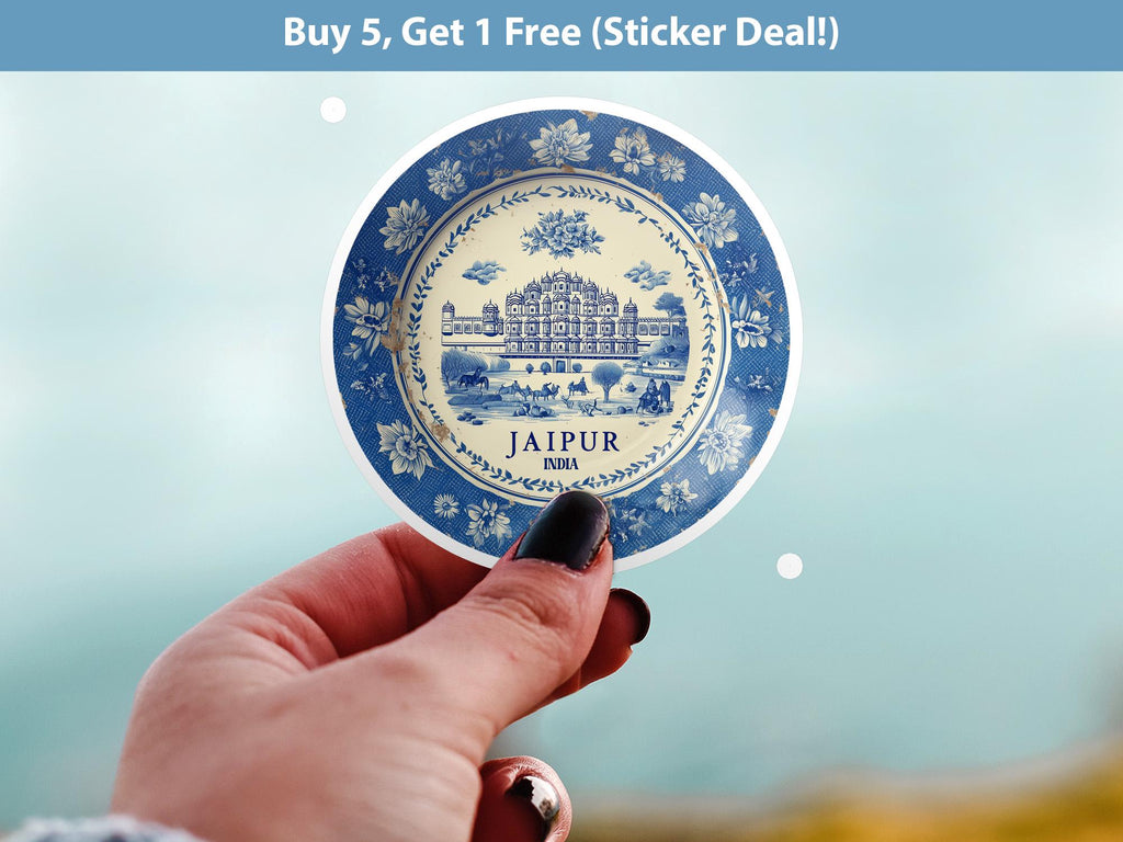 Jaipur India Sticker Vintage Delft style, Delftware Decal Waterproof Vinyl, Blue City Travel