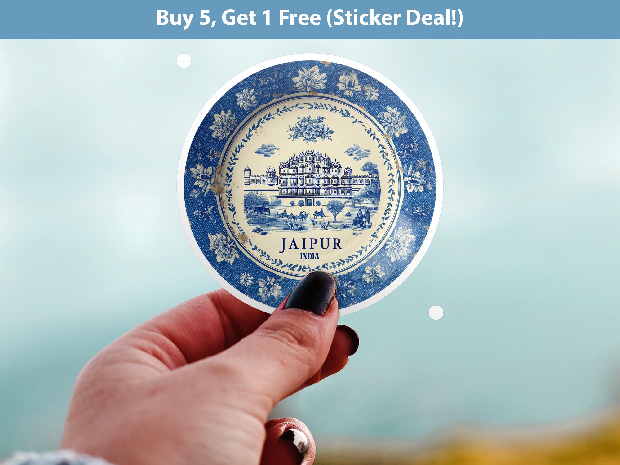 Jaipur India Sticker Vintage Delft style, Delftware Decal Waterproof Vinyl, Blue City Travel