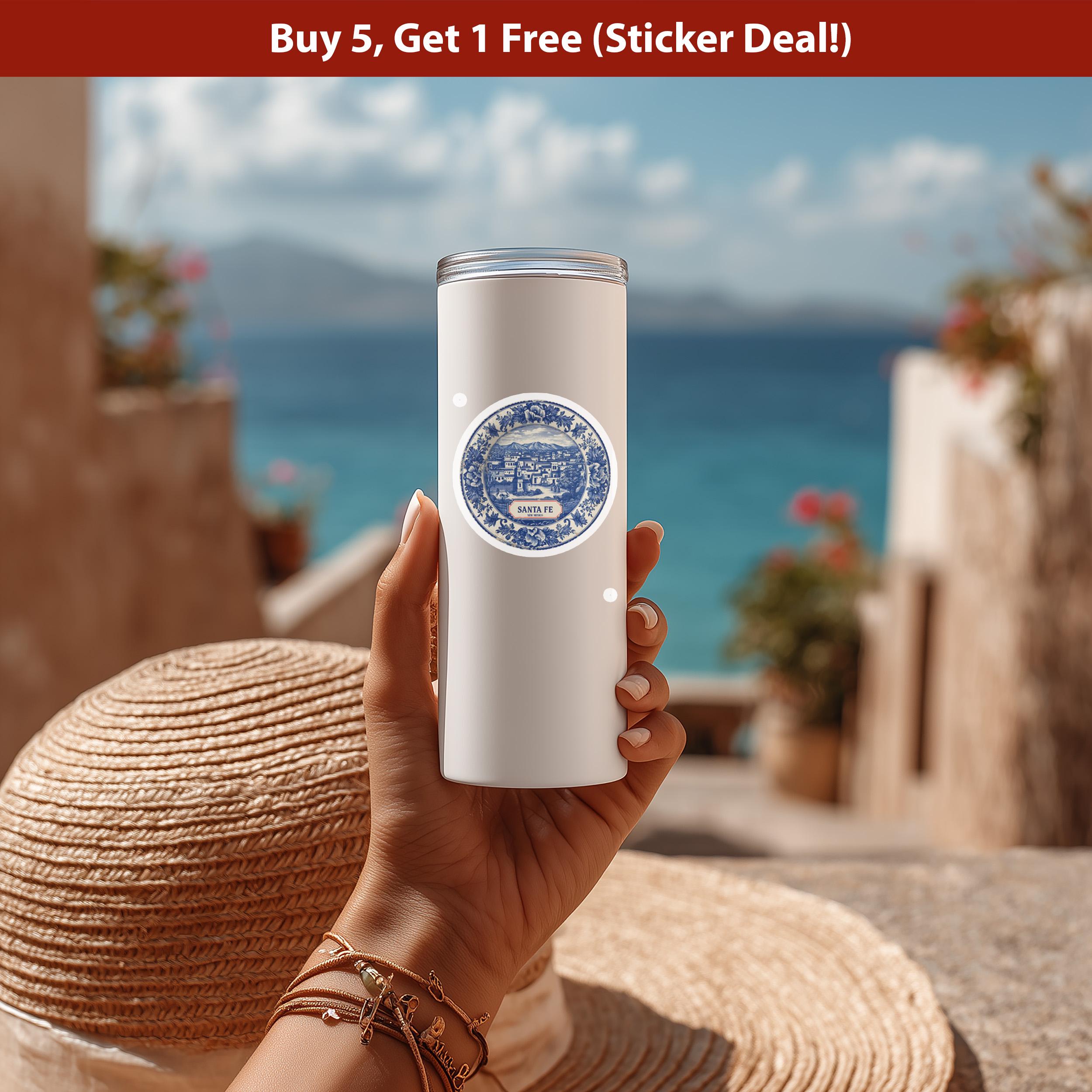 Santa Fe New Mexico Sticker Vintage Delft style, Delftware Decal Waterproof Vinyl, Blue City Travel