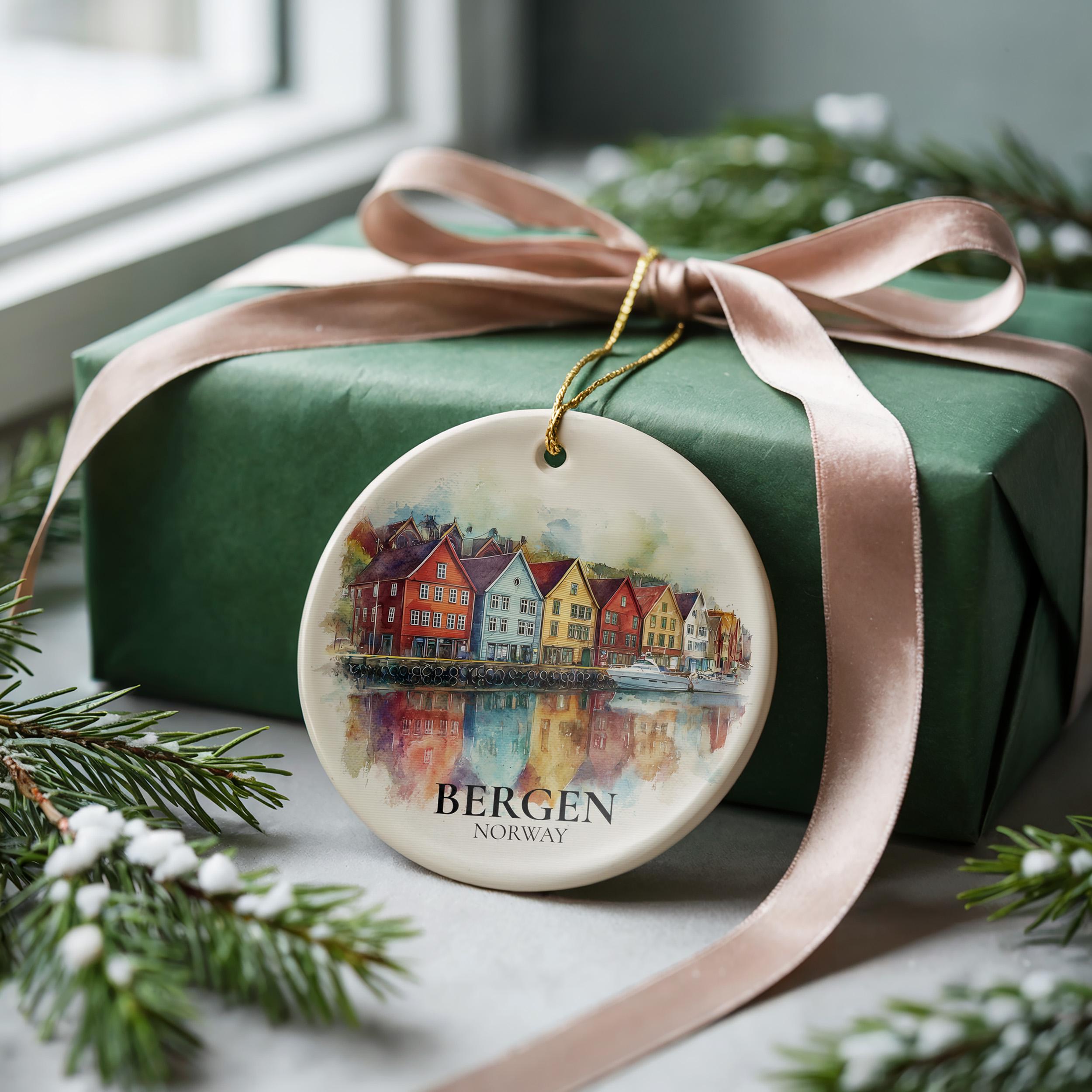 Bergen Norway Personalized Watercolor Ornament, Custom Ceramic Christmas gift, Travel Keepsake