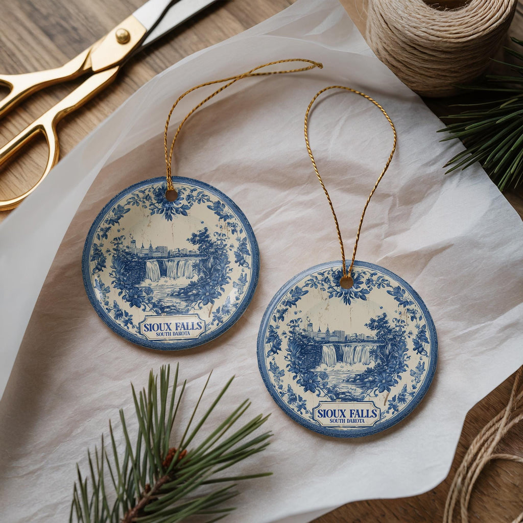 Custom Sioux Falls South Dakota Ceramic Delft Ornament, Christmas Delftware Blue Delftware city travel