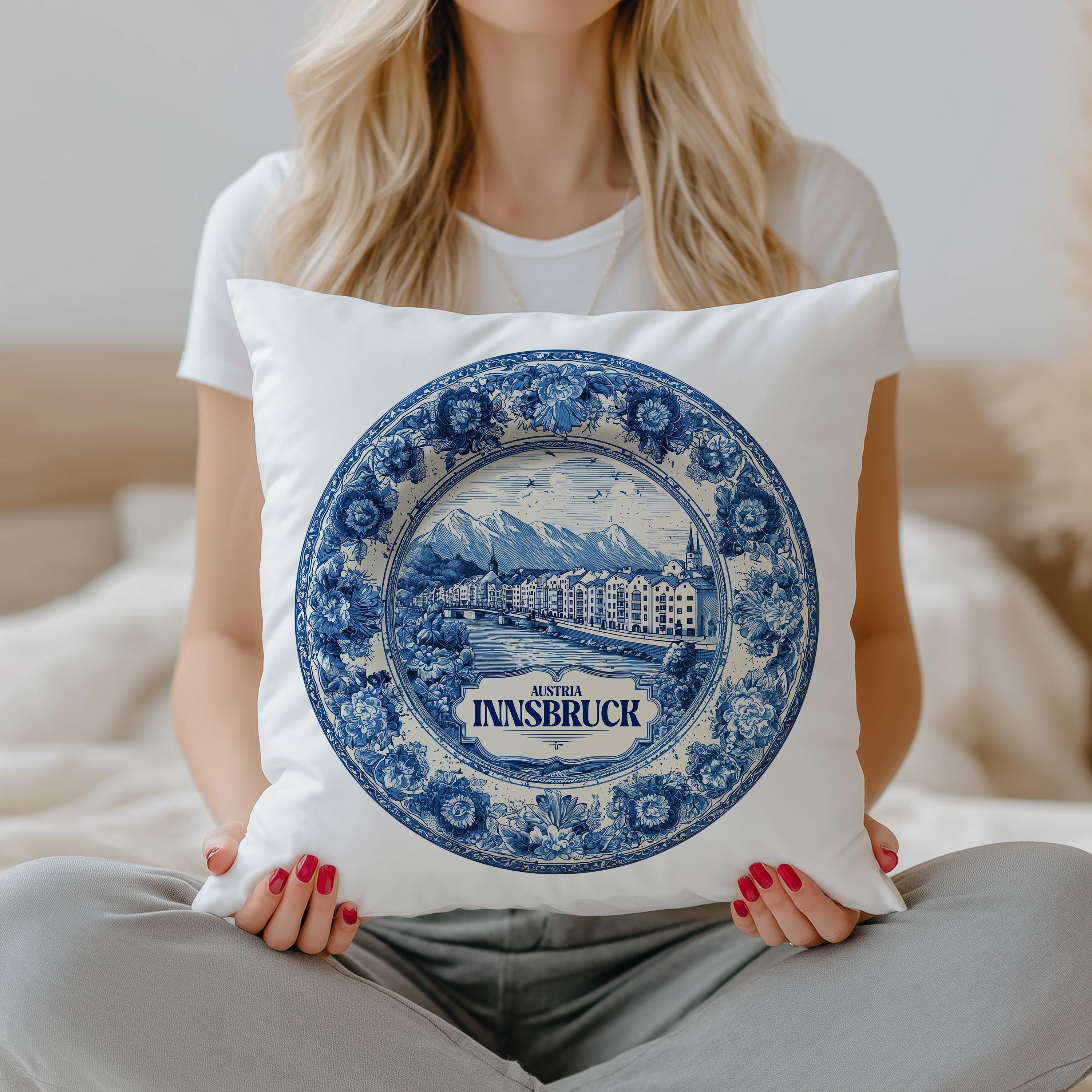 Innsbruck Austria Pillowcase, Delft Style Decorative Throw Pillow, Vintage Cityscape Retro Home Decor